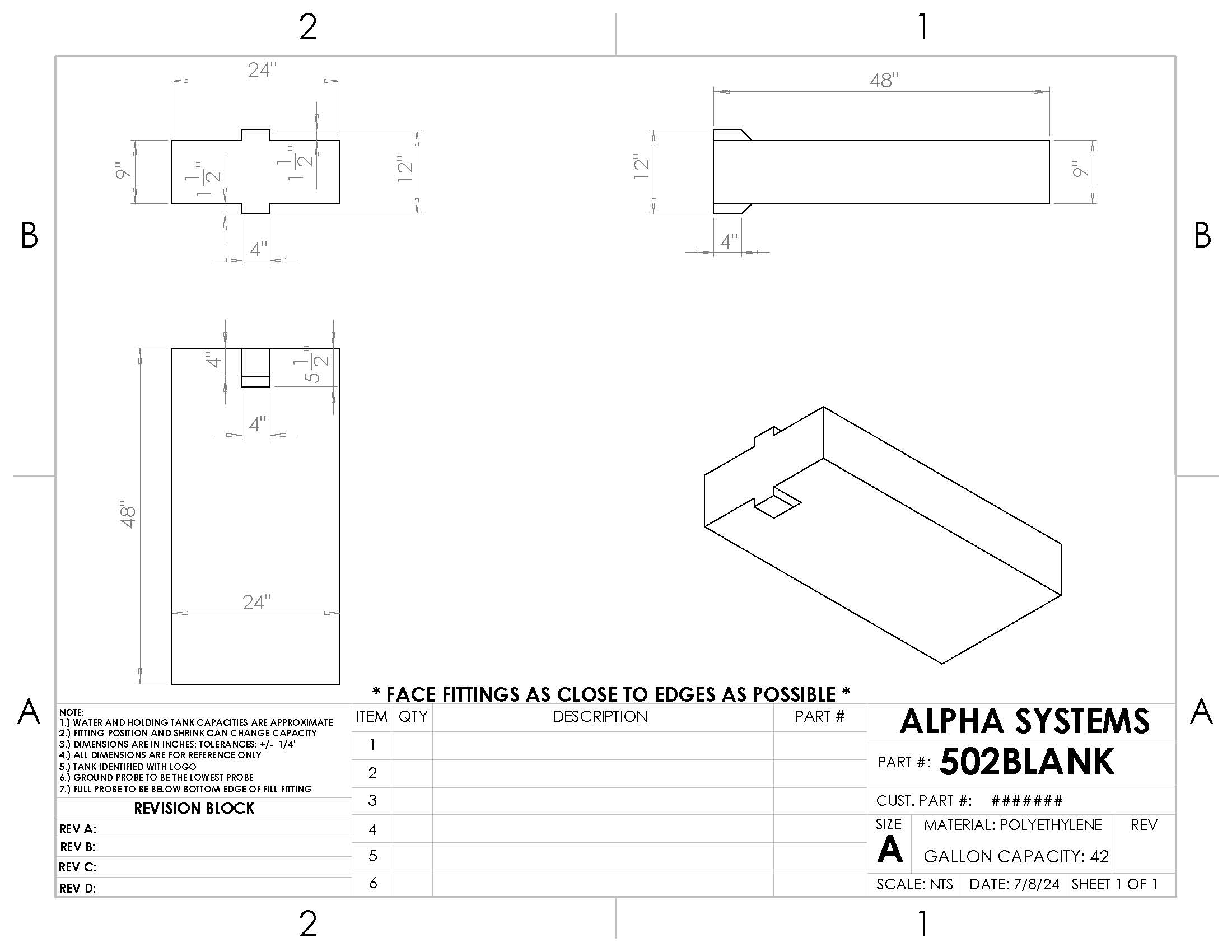 Alpha - 42 Gallons Fresh Water Tank - 48" x 24" x 12" * - 502BLANK