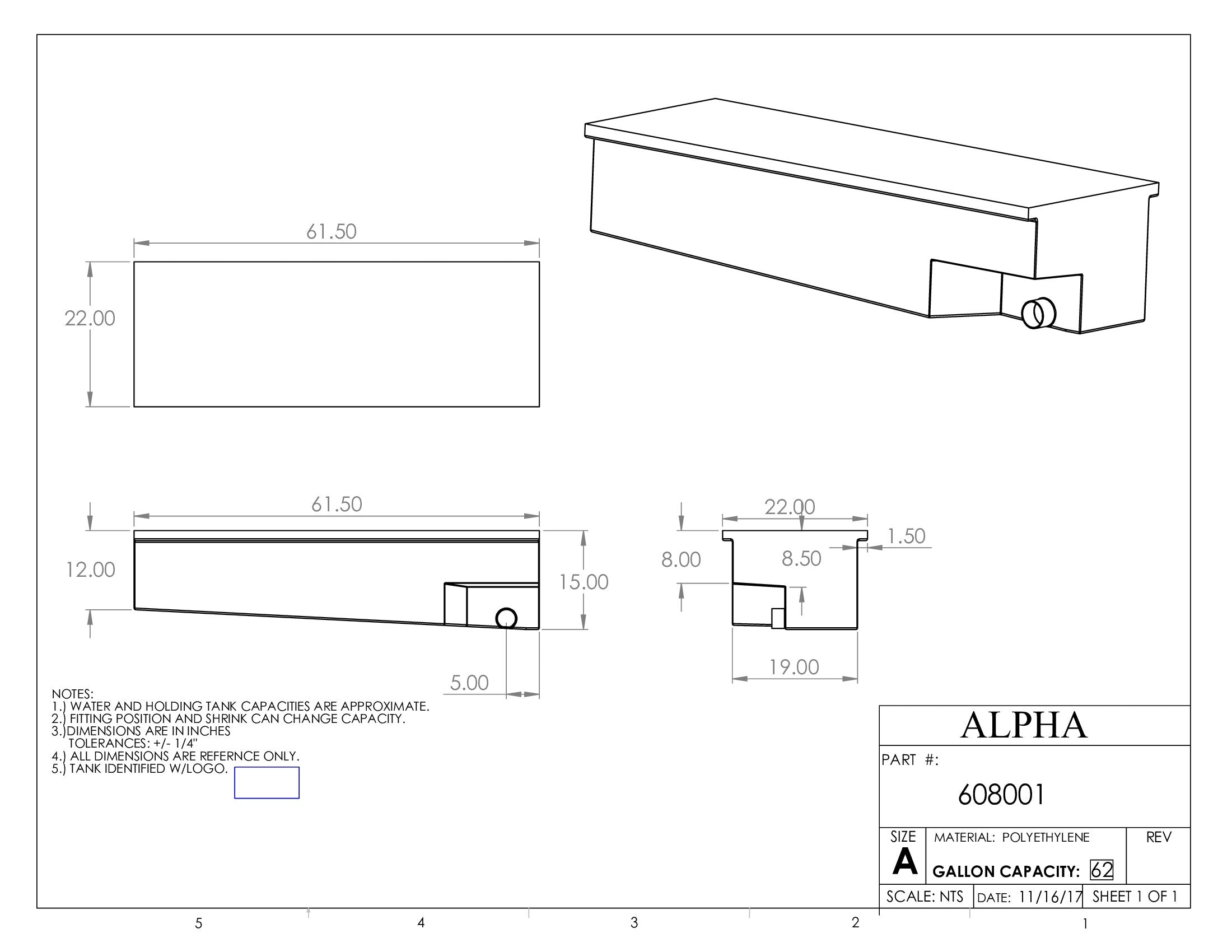 Alpha - 62 Gallons Holding Tank - 61 1/2" x 22" x 15" - 608BLANK