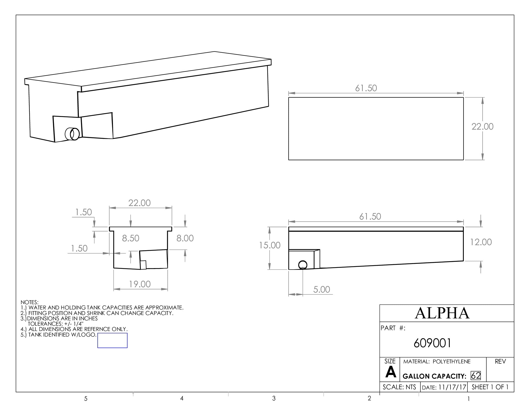 Alpha - 62 Gallons Holding Tank - 61 1/2" x 22" x 15" - 609BLANK