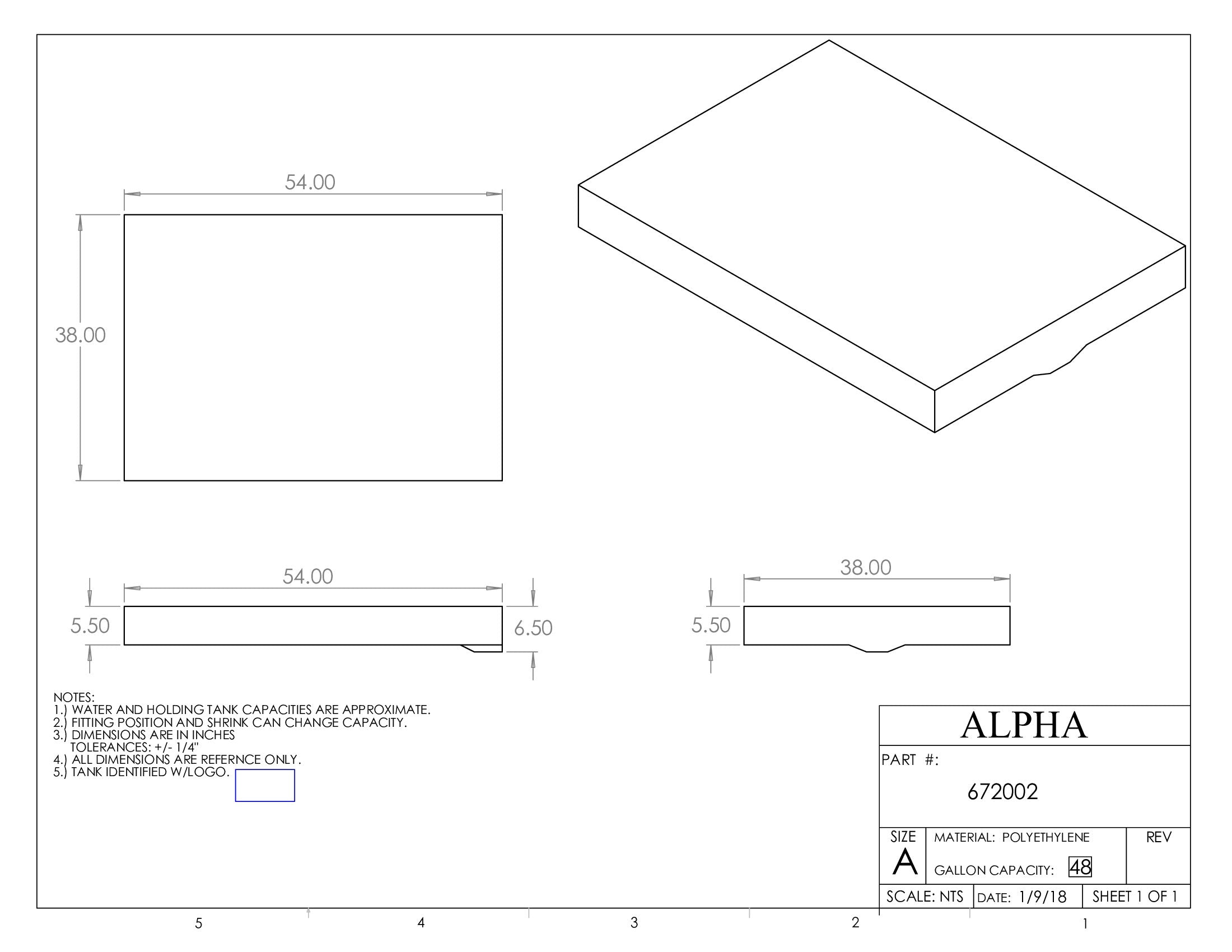 Alpha - 46 Gallons Fresh Water Tank - 54" x 38" x 6 1/2" * - 672BLANK