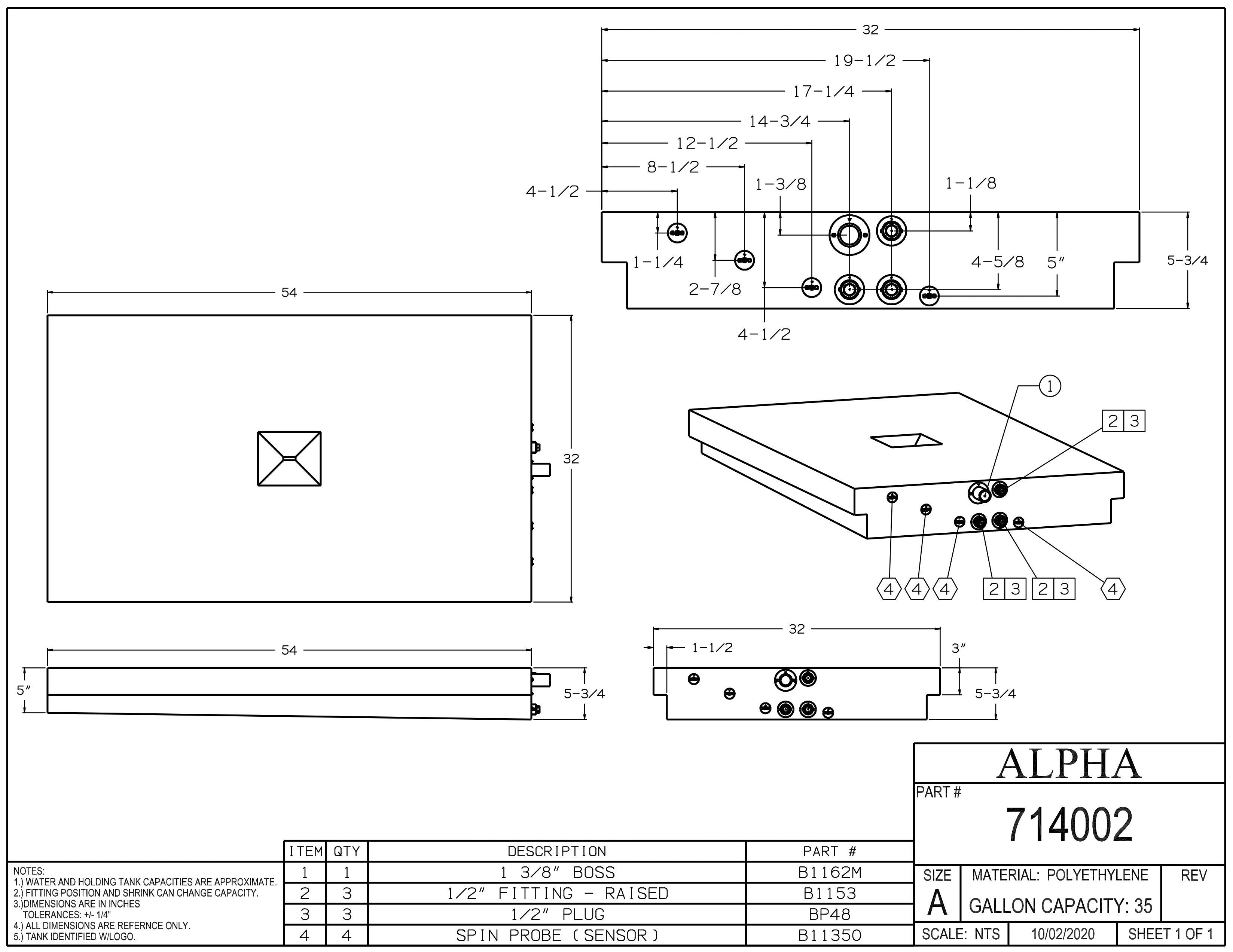 Alpha - 35 Gallons Fresh Water Tank - 54" x 32" x 5 3/4" - 714BLANK - Blank Tank No Fittings