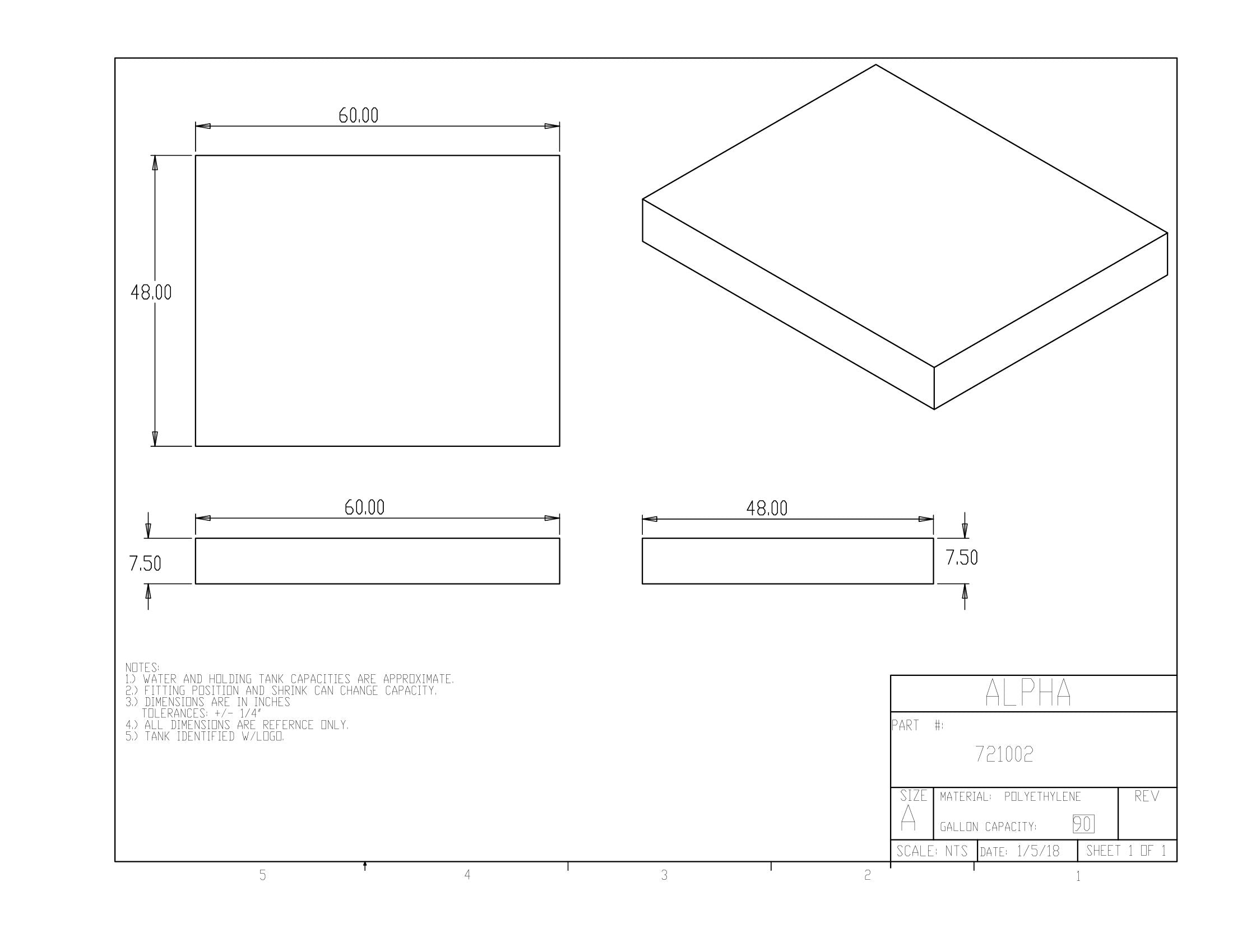 Alpha - 90 Gallons Fresh Water Tank - 60" x 48" x 7 1/2" - 721BLANK