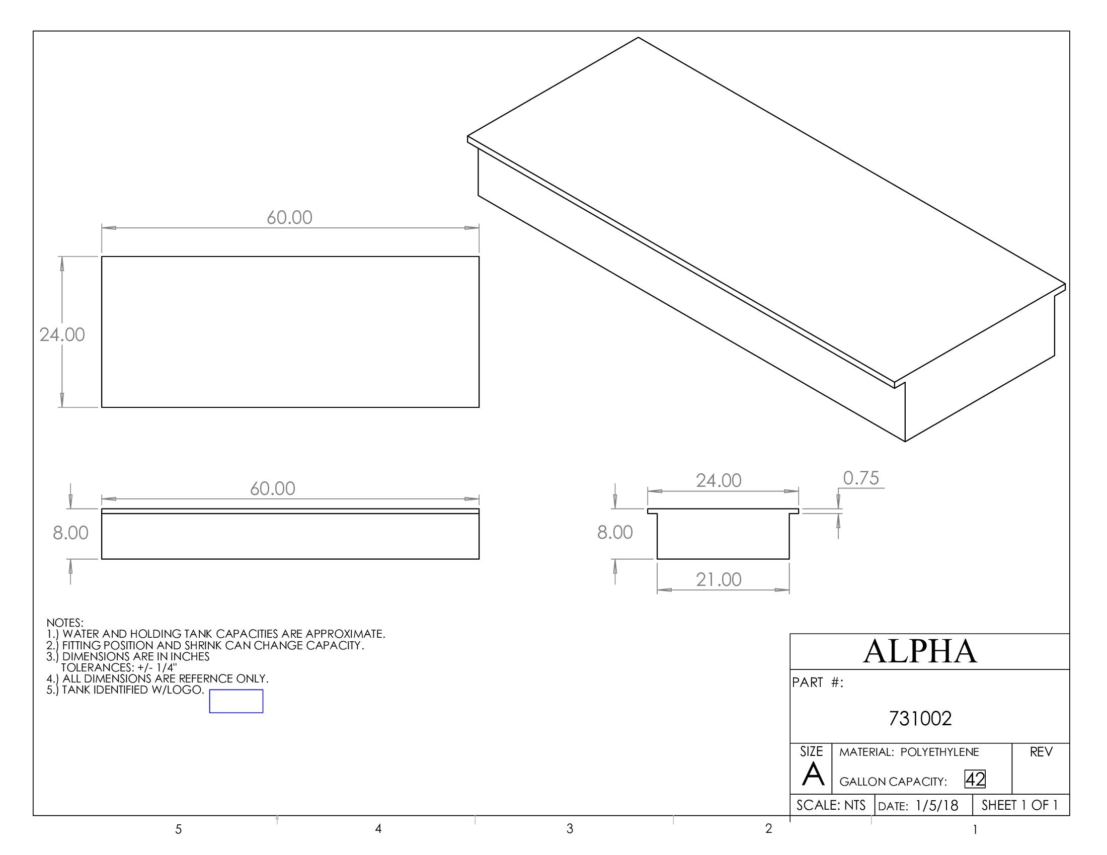 Alpha - 42 Gallons Fresh Water Tank - 60 1/4" x 24 1/4" x 8" - 731BLANK