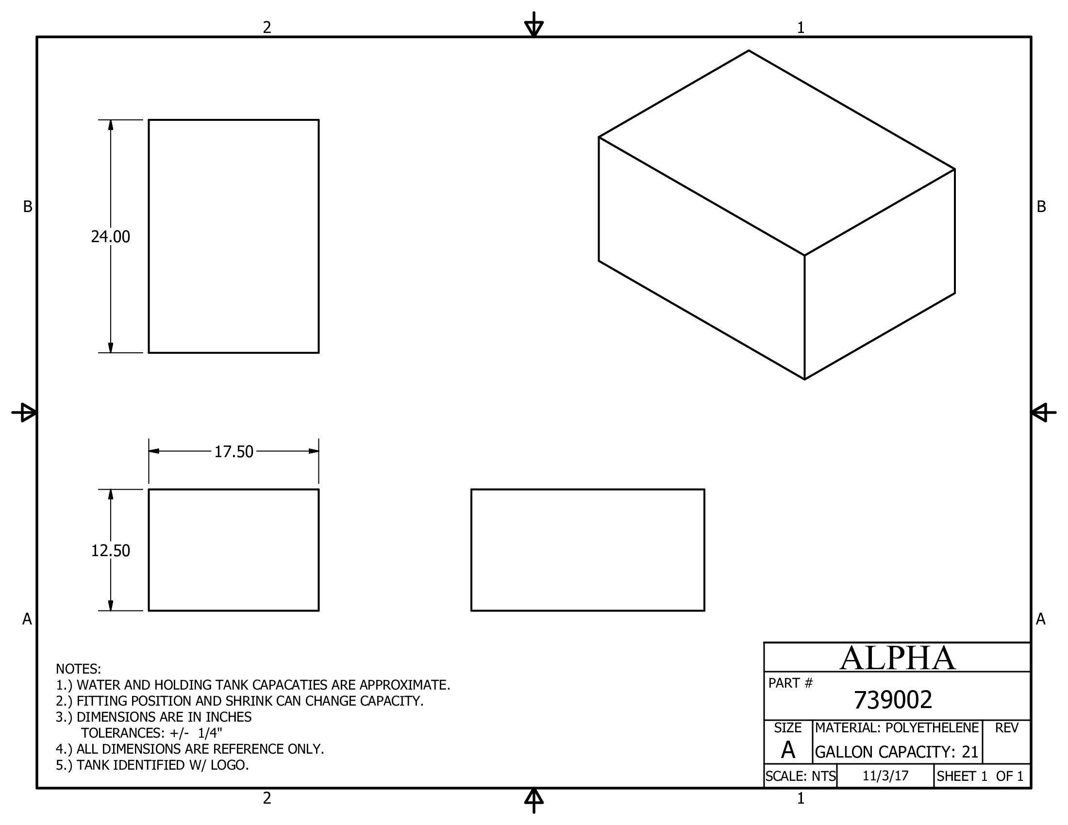Alpha - 21 Gallons Fresh Water Tank - 24" x 17 1/2" x 12 1/4" - 739BLANK