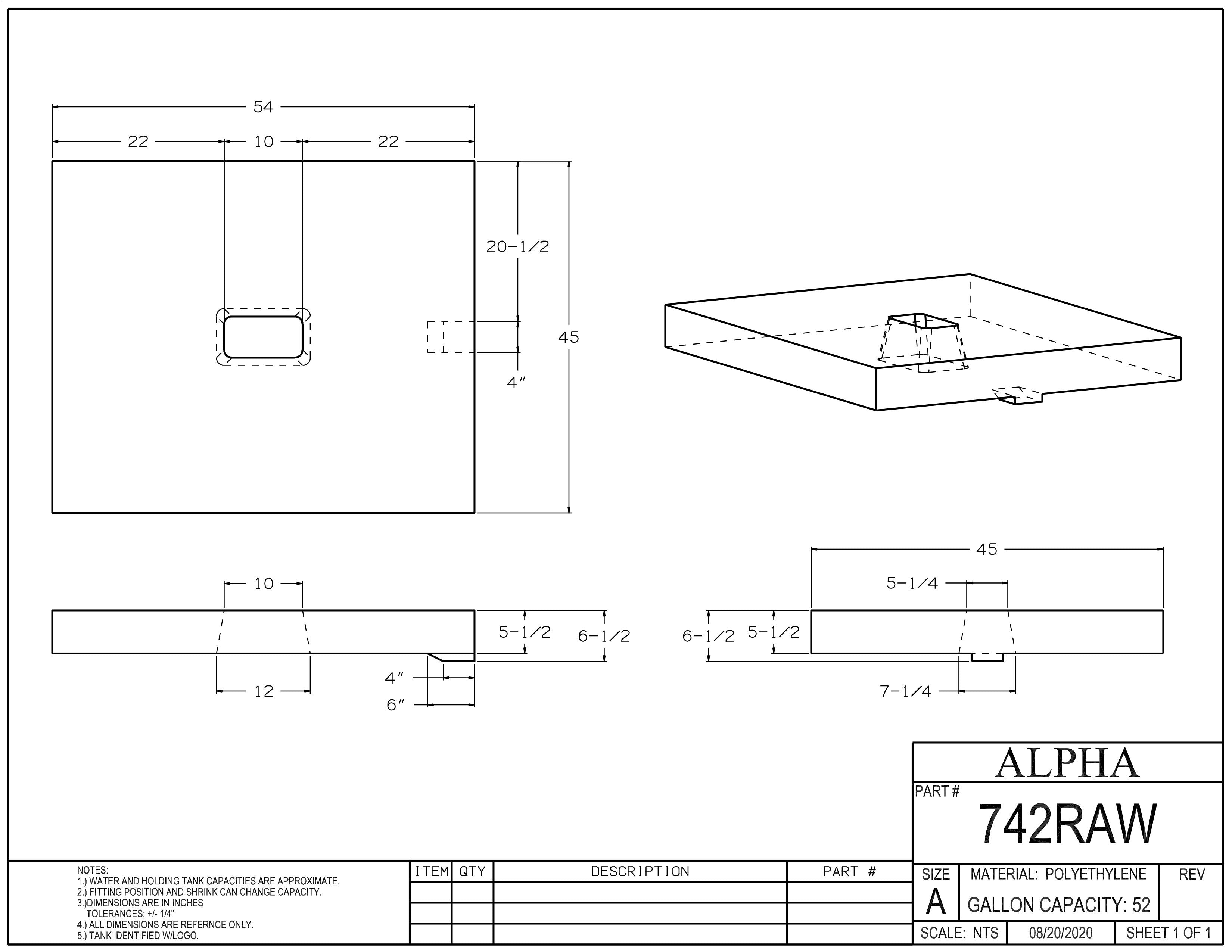 Alpha - 52 Gallons Fresh Water Tank - 54" x 45" x 6 1/2" * - 742BLANK