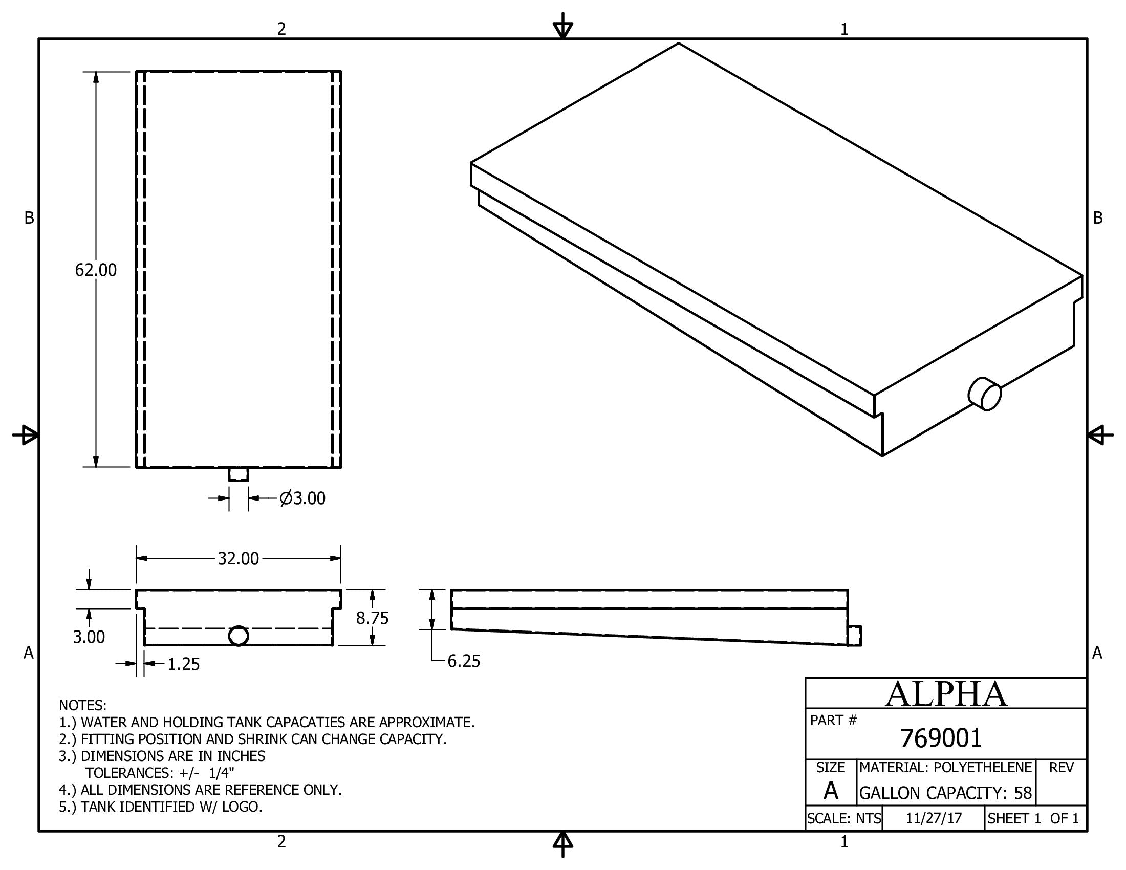 Alpha - 60 Gallons Holding Tank - 62" x 32" x 8 3/4" - 769BLANK