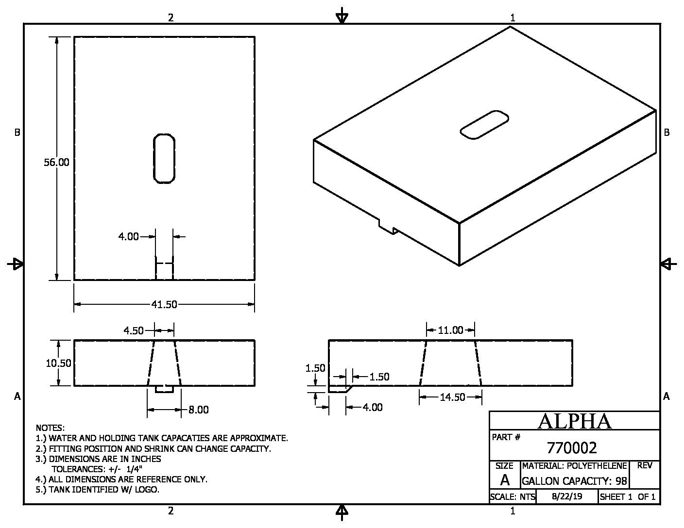 Alpha - 98 Gallons Fresh Water Tank - 56" x 41 1/2" x 12" * - 770BLANK