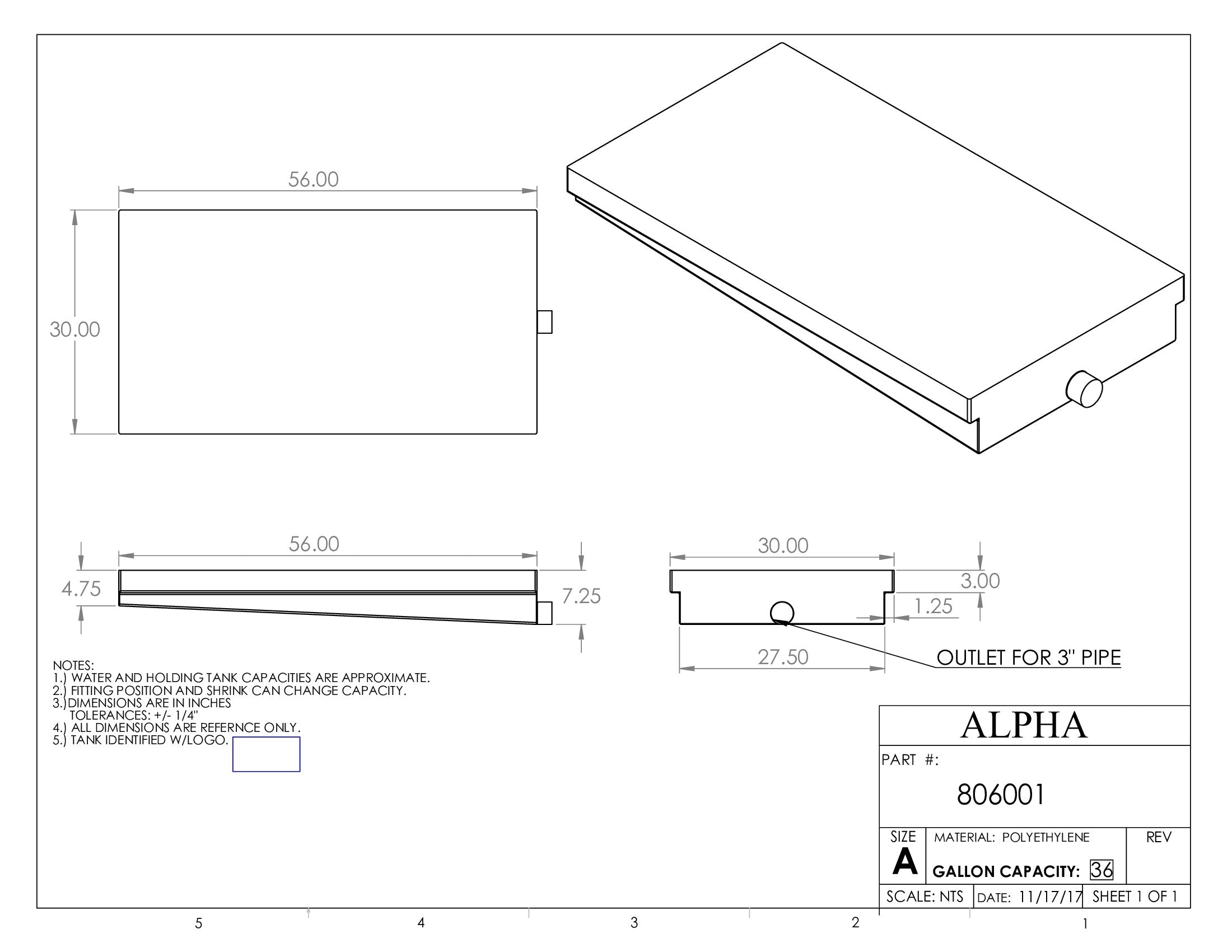 Alpha - 39 Gallons Holding Tank - 56" x 30" x 7 1/4" - 806BLANK