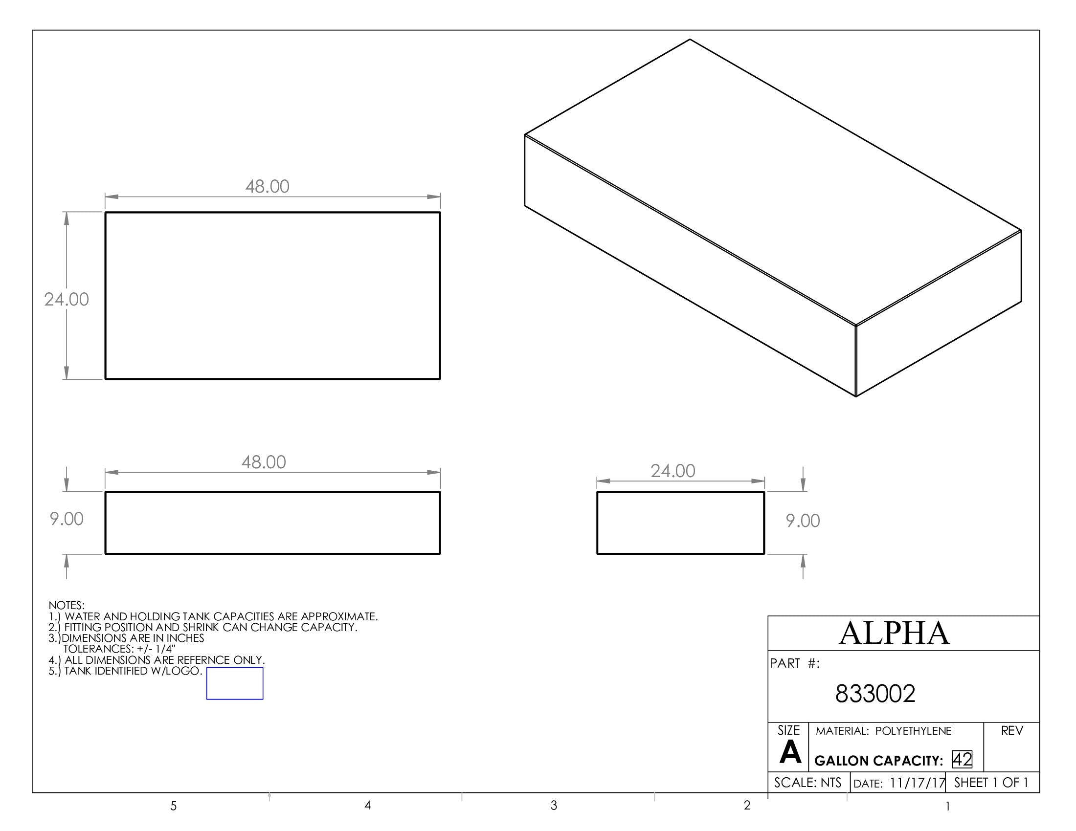 Alpha - 42 Gallons Fresh Water Tank - 48" x 24" x 9" - 833BLANK