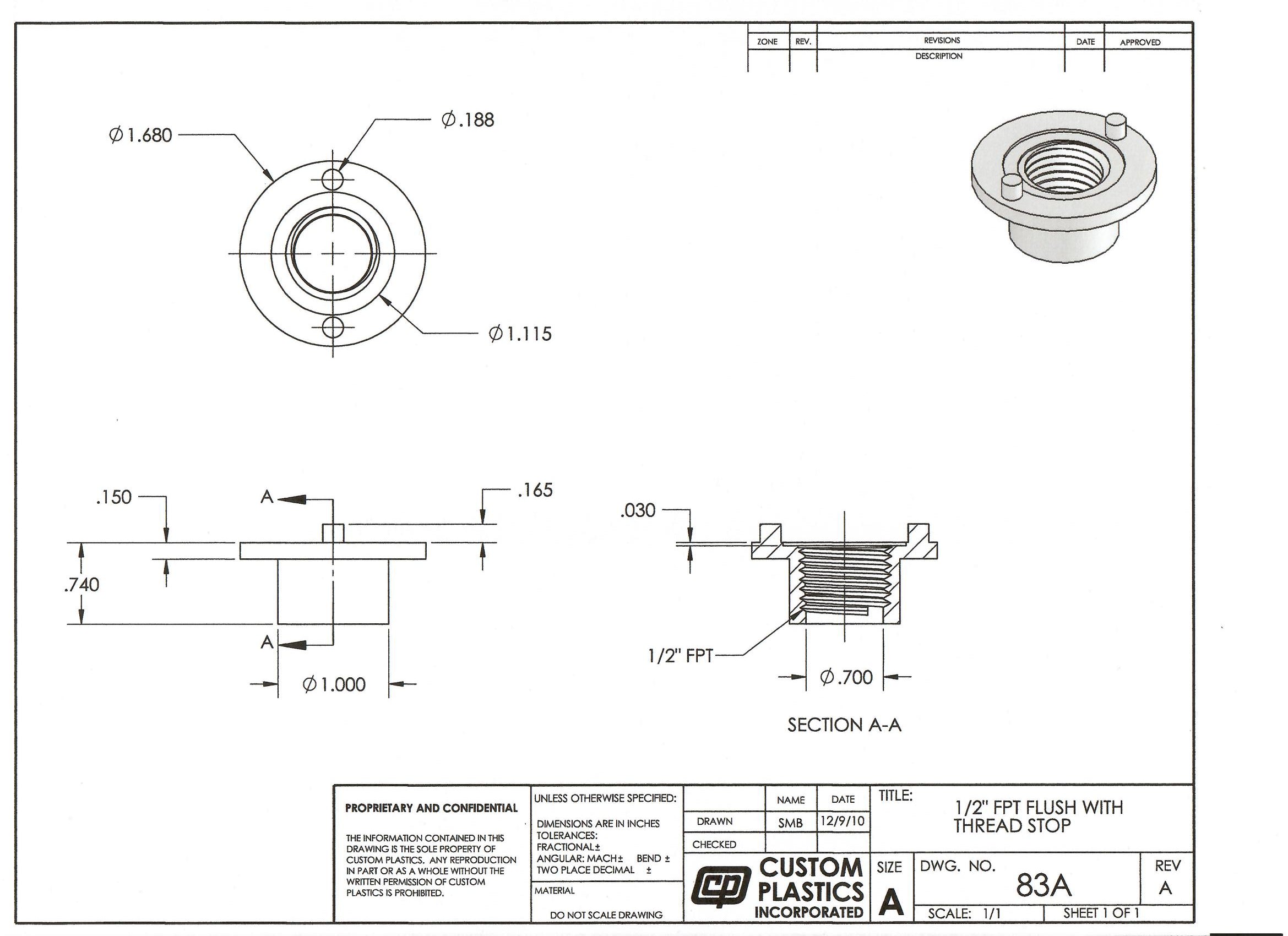 1/2" Flush Threaded Fitting 1 1/8" Hole Size - RV Tank Fitting Part # 83A (500232)
