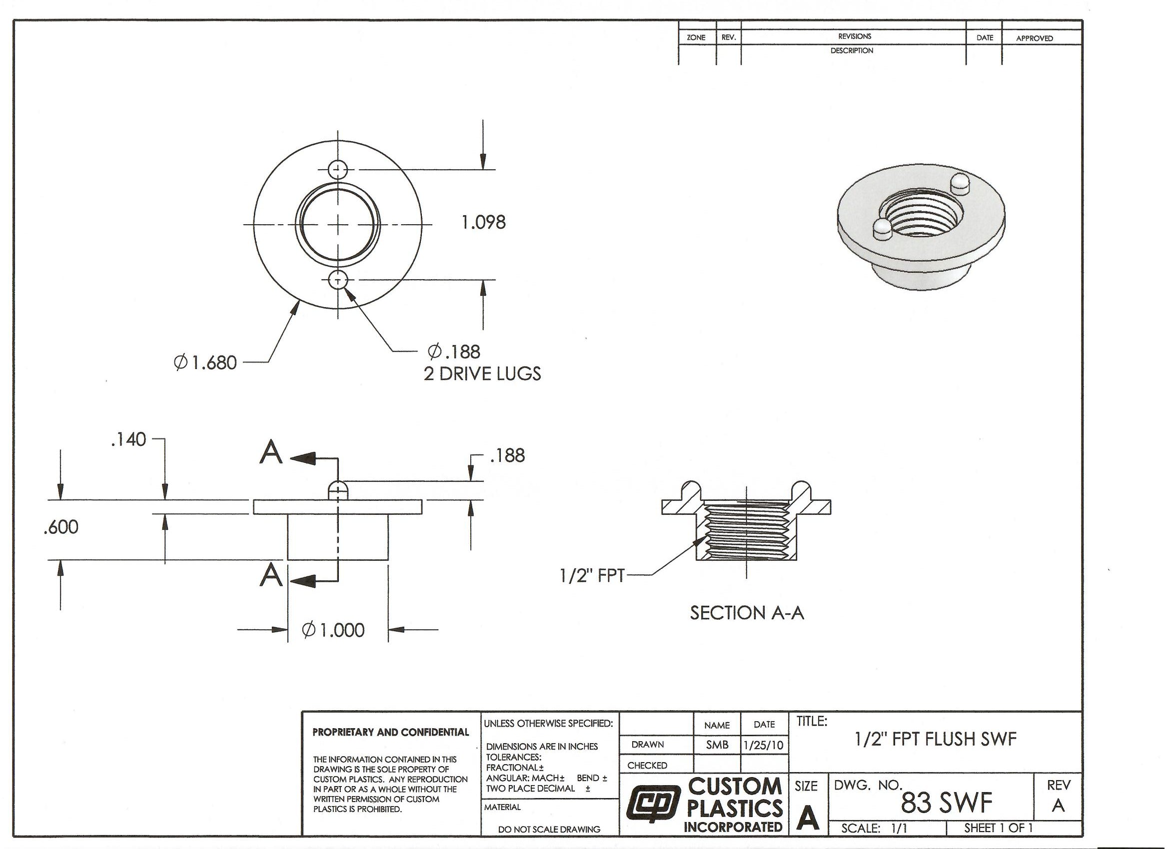 1/2" FPT Flush Fitting 1 1/8" Hole Size Part # 83-LL