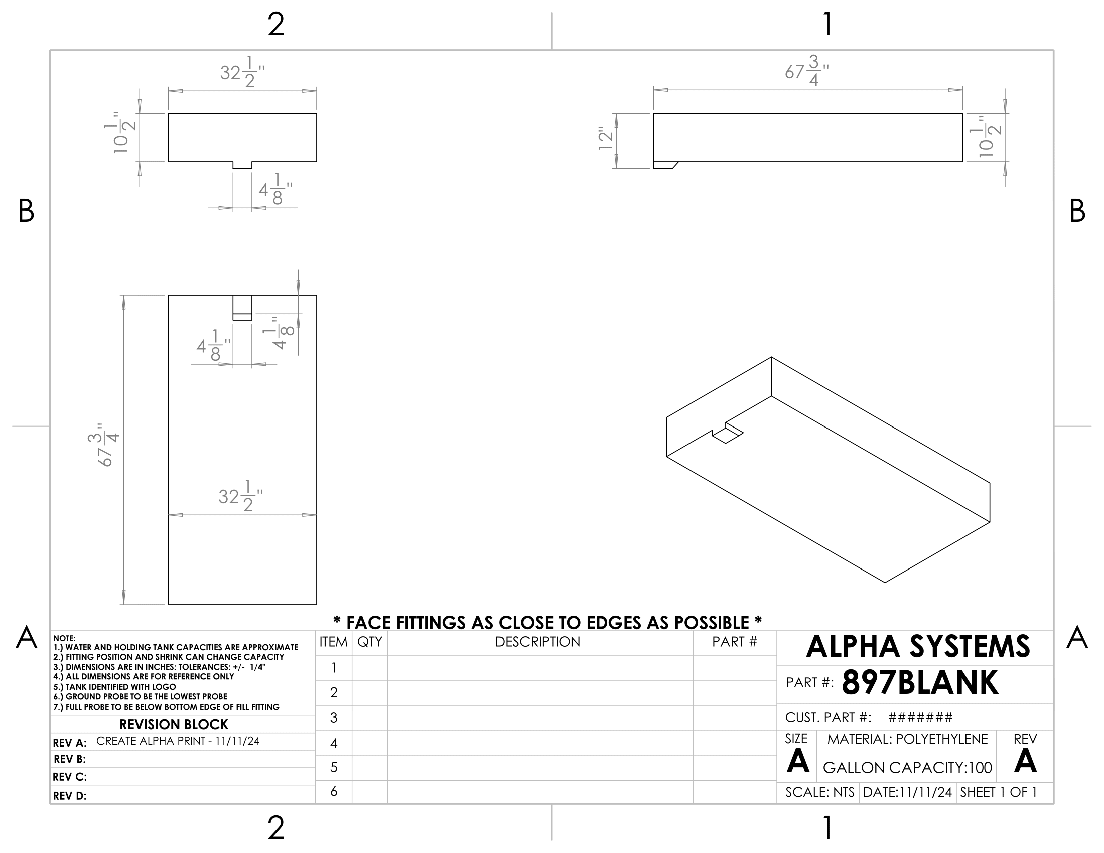 Alpha - 100 Gallons Fresh Water Tank - 68" x 35 1/2" x 12 1/2" * - 897BLANK
