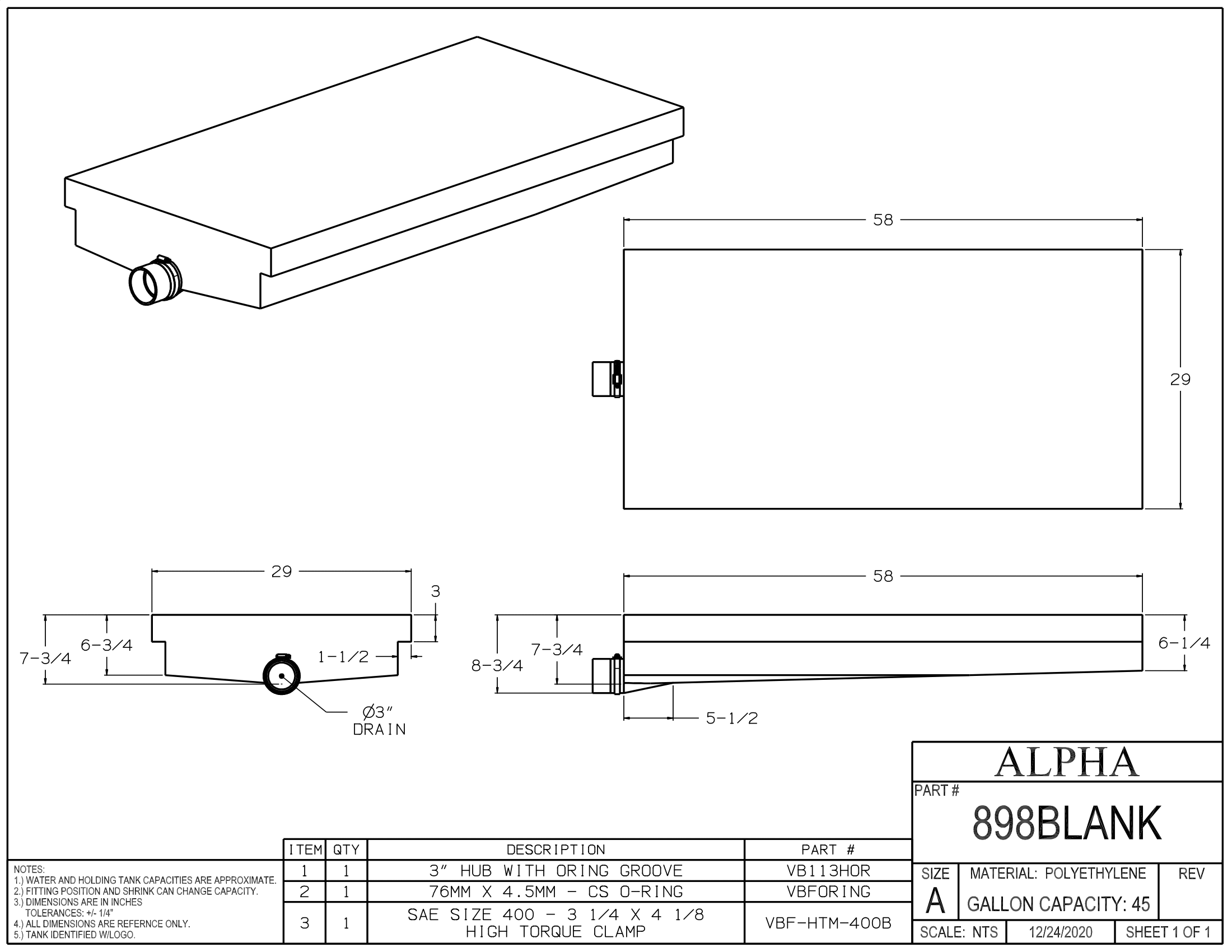 Alpha - 45 Gallons Holding Tank - 58" x 29" x 8 3/4" - 898BLANK