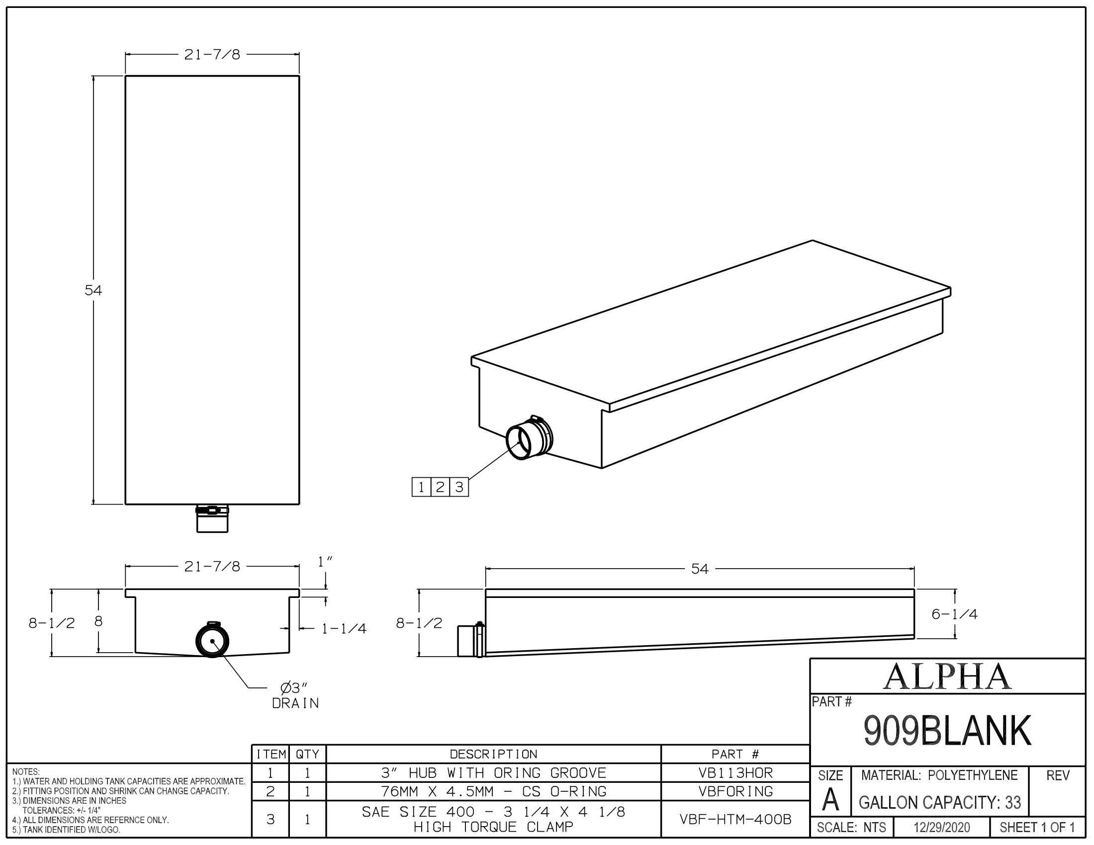 Alpha - 33 Gallons Holding Tank - 54" x 21 7/8" x 8 1/2" - 909BLANK