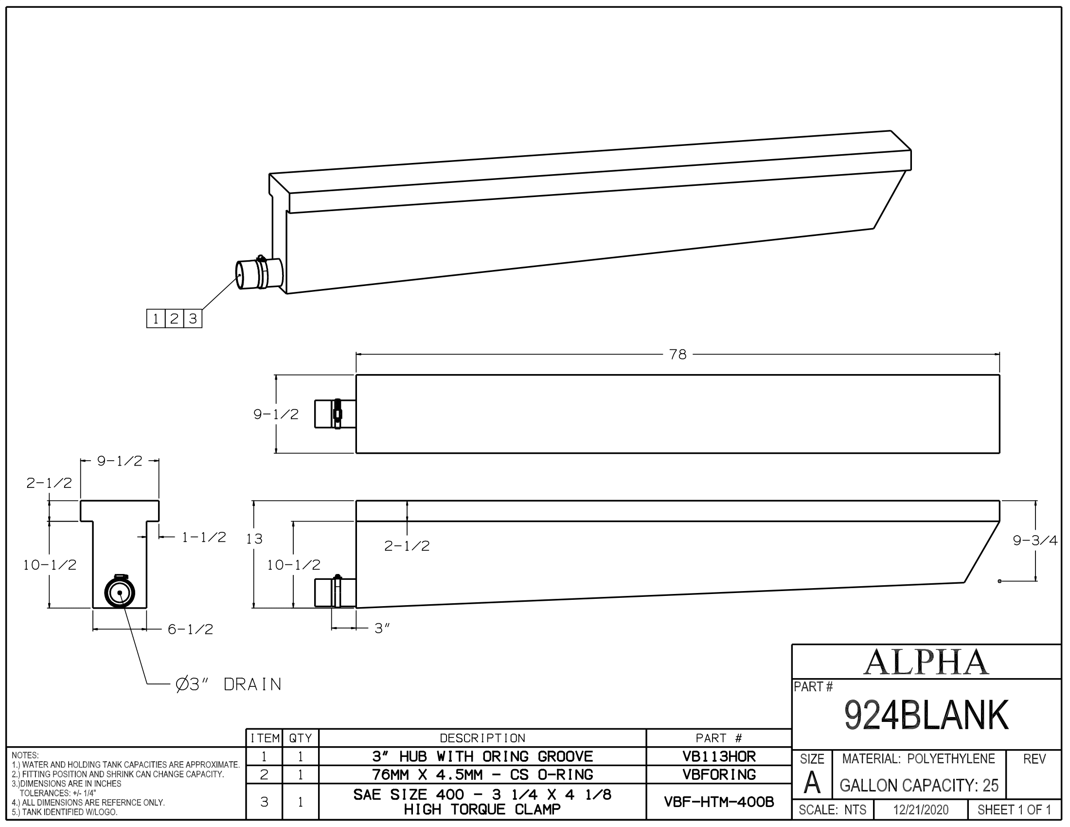 Alpha - 25 Gallons Holding Tank - 78" x 9 1/2" x 10 1/2" - 924BLANK