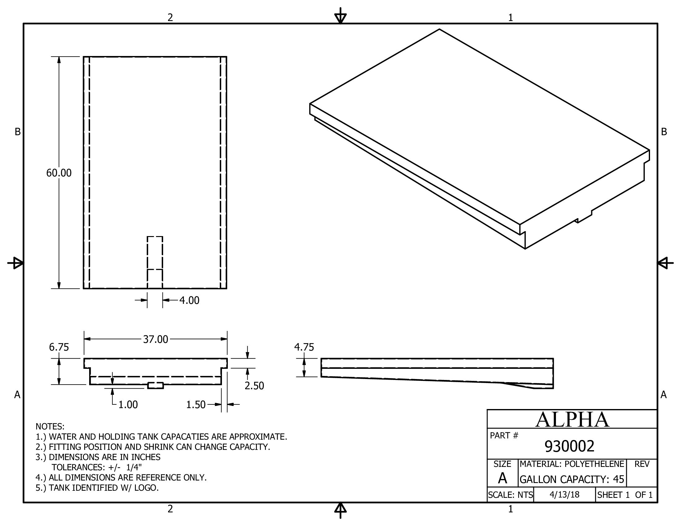 Alpha - 48.5 Gallons Fresh Water Tank - 60" x 37" x 7 3/4" * - 930BLANK