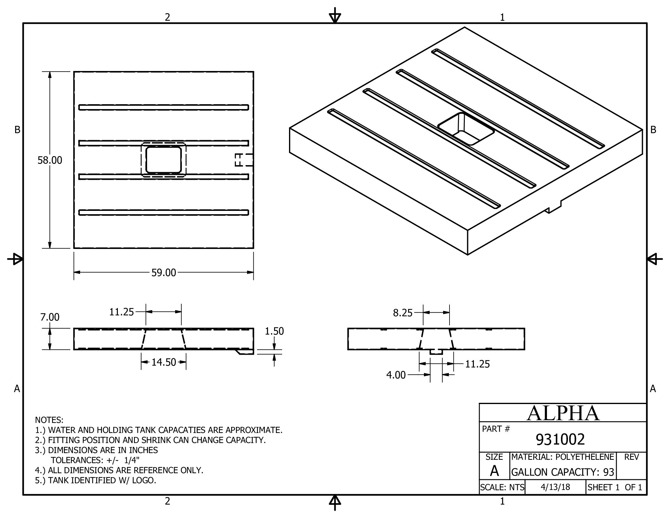 Alpha - 93 Gallons Fresh Water Tank - 59" x 58" x 8 1/2" * - 931BLANK