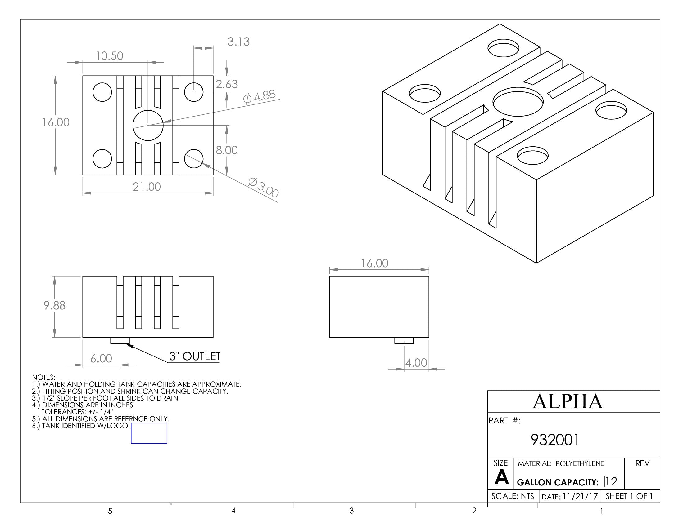 Alpha - 13 Gallons Holding Tank - 20 7/8" x 15 7/8" x 9 7/8" - 932BLANK