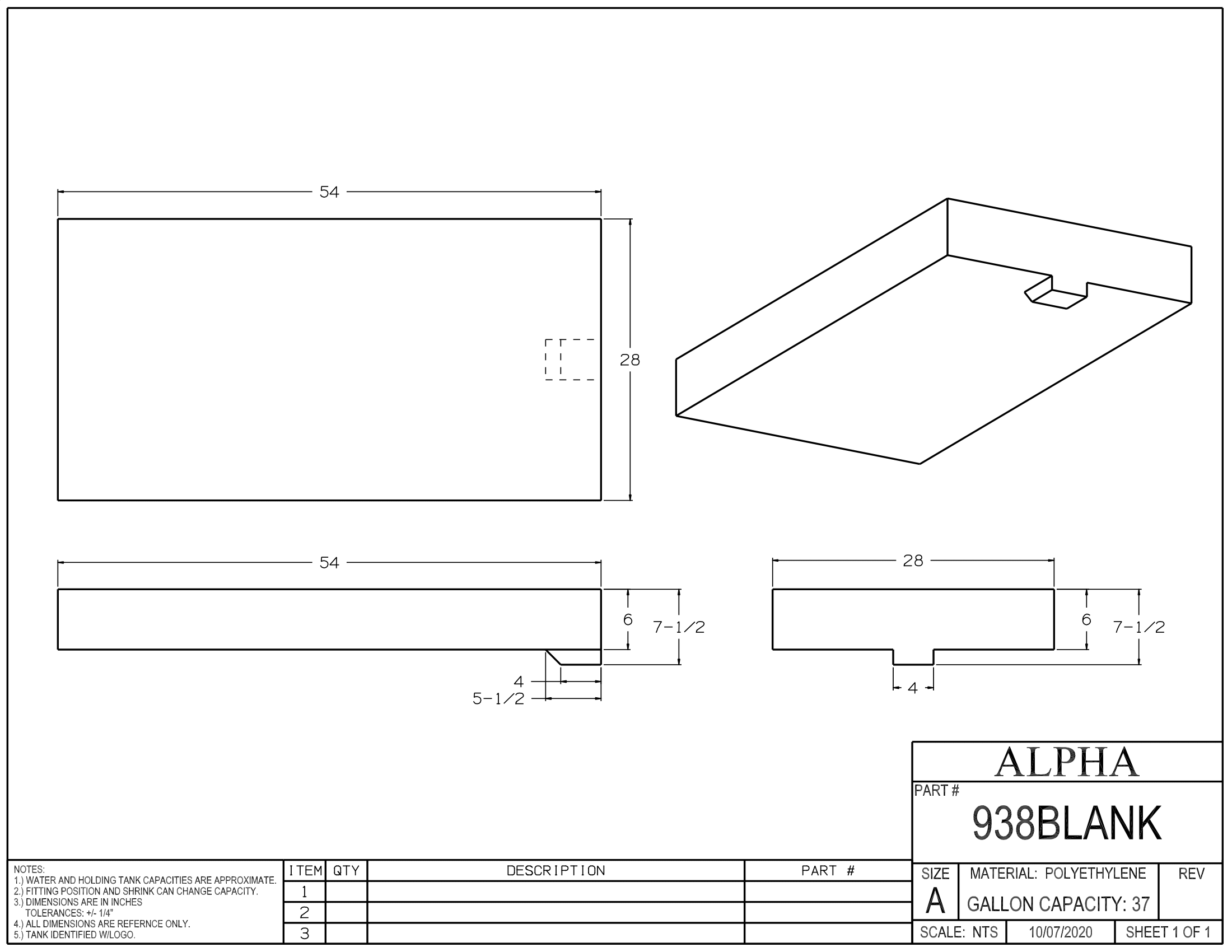 Alpha - 37 Gallons Fresh Water Tank - 54" x 28" x 7 1/2" * - 938BLANK