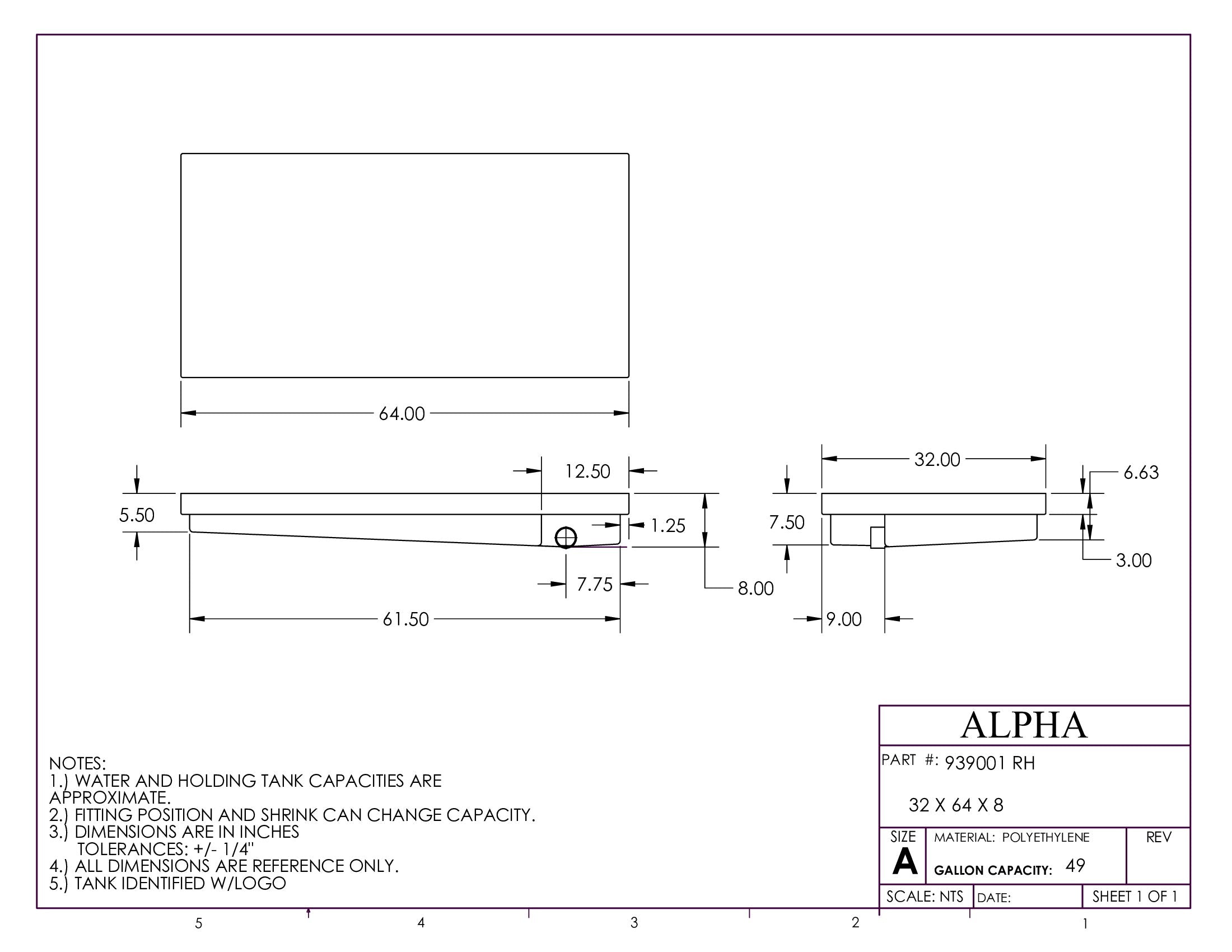 Alpha - 50 Gallons Holding Tank - 64" x 32" x 8" - 939BLANK