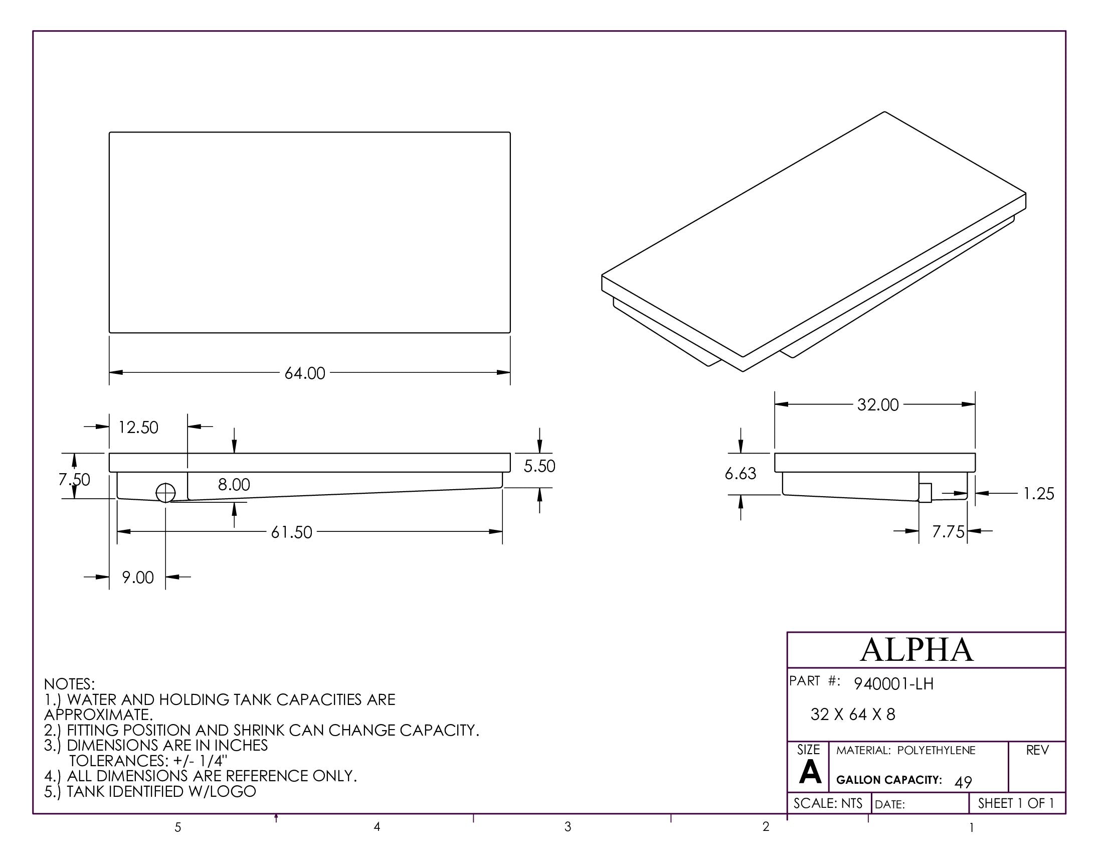 Alpha - 50 Gallons Holding Tank - 64" x 32" x 8" - 940BLANK