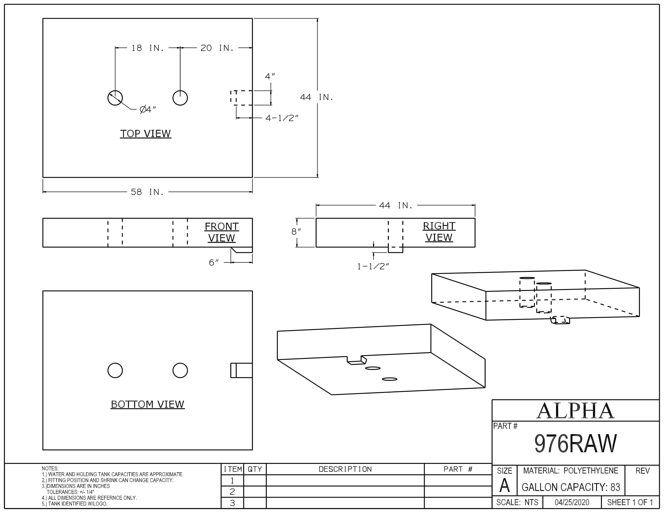 Alpha - 83 Gallons Fresh Water Tank - 58" x 44" x 9 1/2" * - 976BLANK