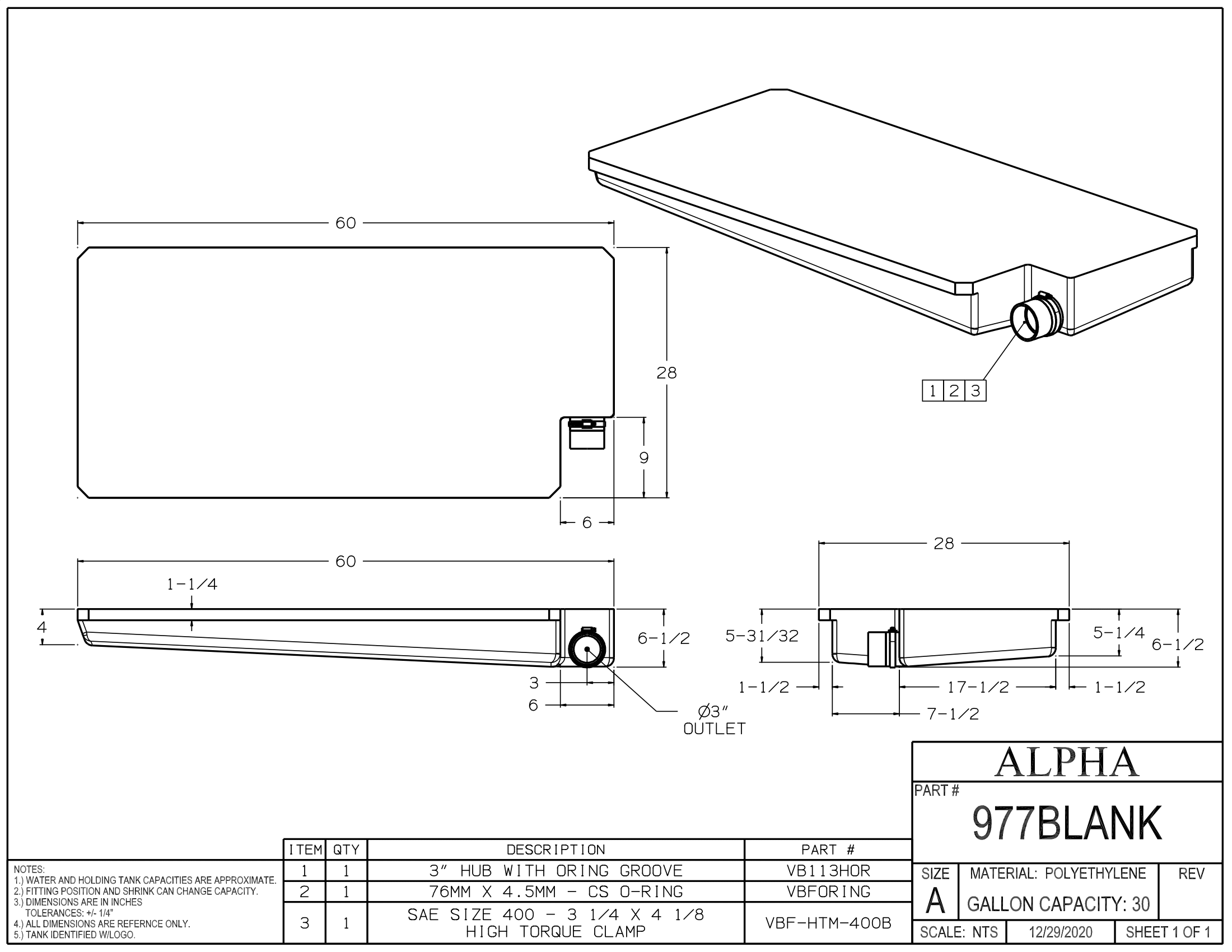 Alpha - 30 Gallons Holding Tank - 60" x 28" x 6 1/2" - 977BLANK