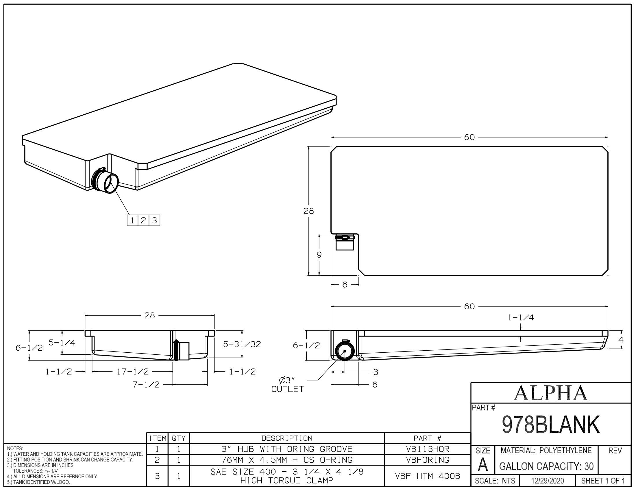 Alpha - 30 Gallons Holding Tank - 60" x 28" x 6 1/2" - 978BLANK