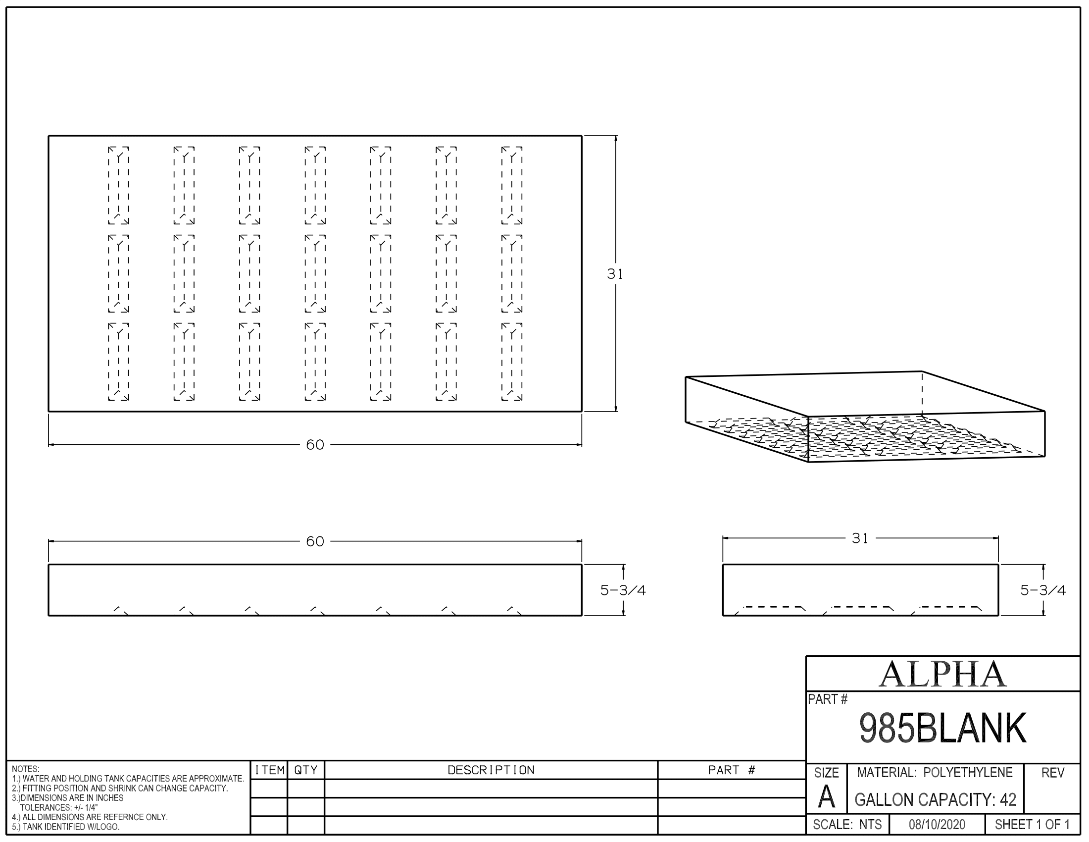 Alpha 42 Gallon RV Fresh Water Tank 60" x 31" x 5.75" - 985BLANK - FDA Approved OEM Quality