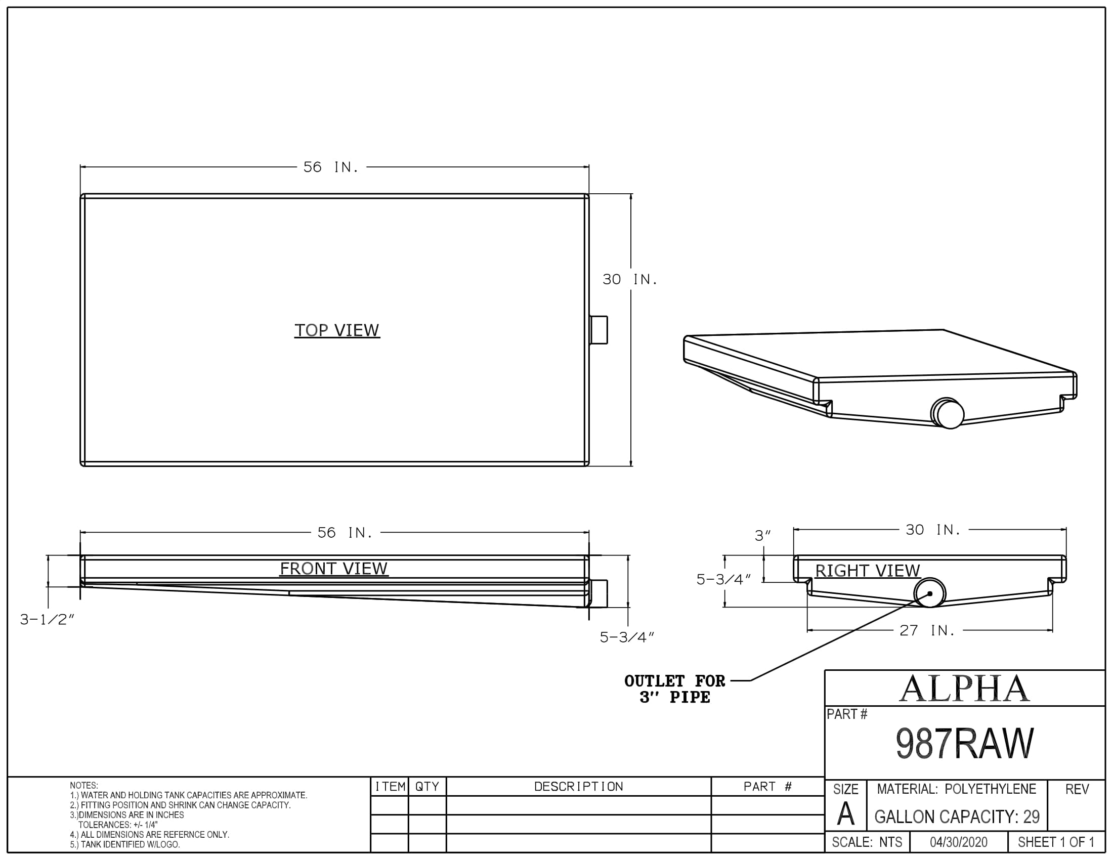 Alpha - 30 Gallons Holding Tank - 56" x 30" x 5 1/4" - 987BLANK