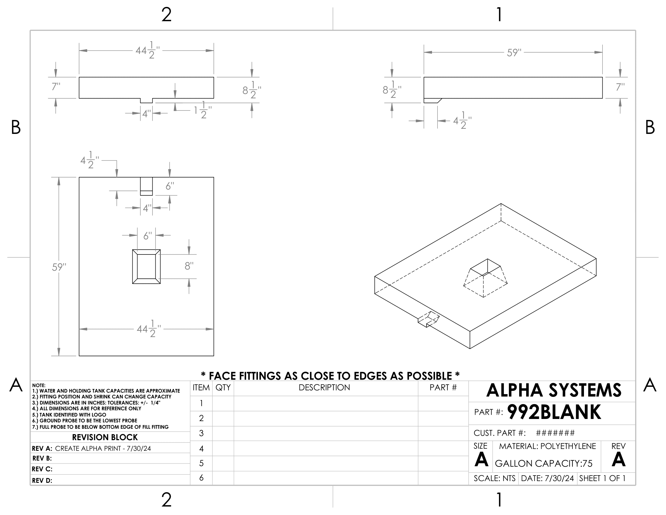 Alpha - 75 Gallons Fresh Water Tank - 59" x 44 1/2" x 8 1/2" * - 992BLANK