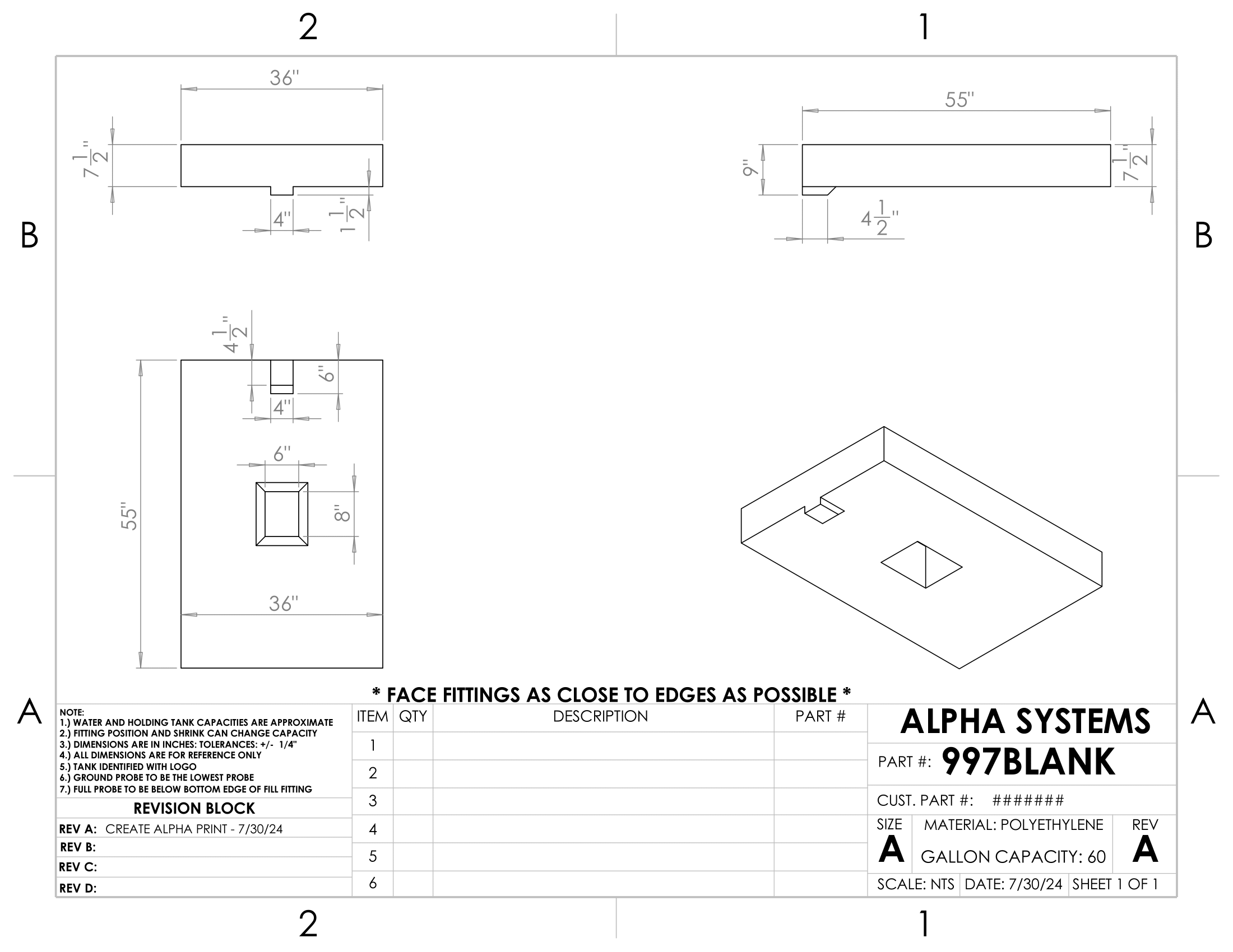 Alpha - 60 Gallons Fresh Water Tank - 55" x 36" x 9" * - 997BLANK