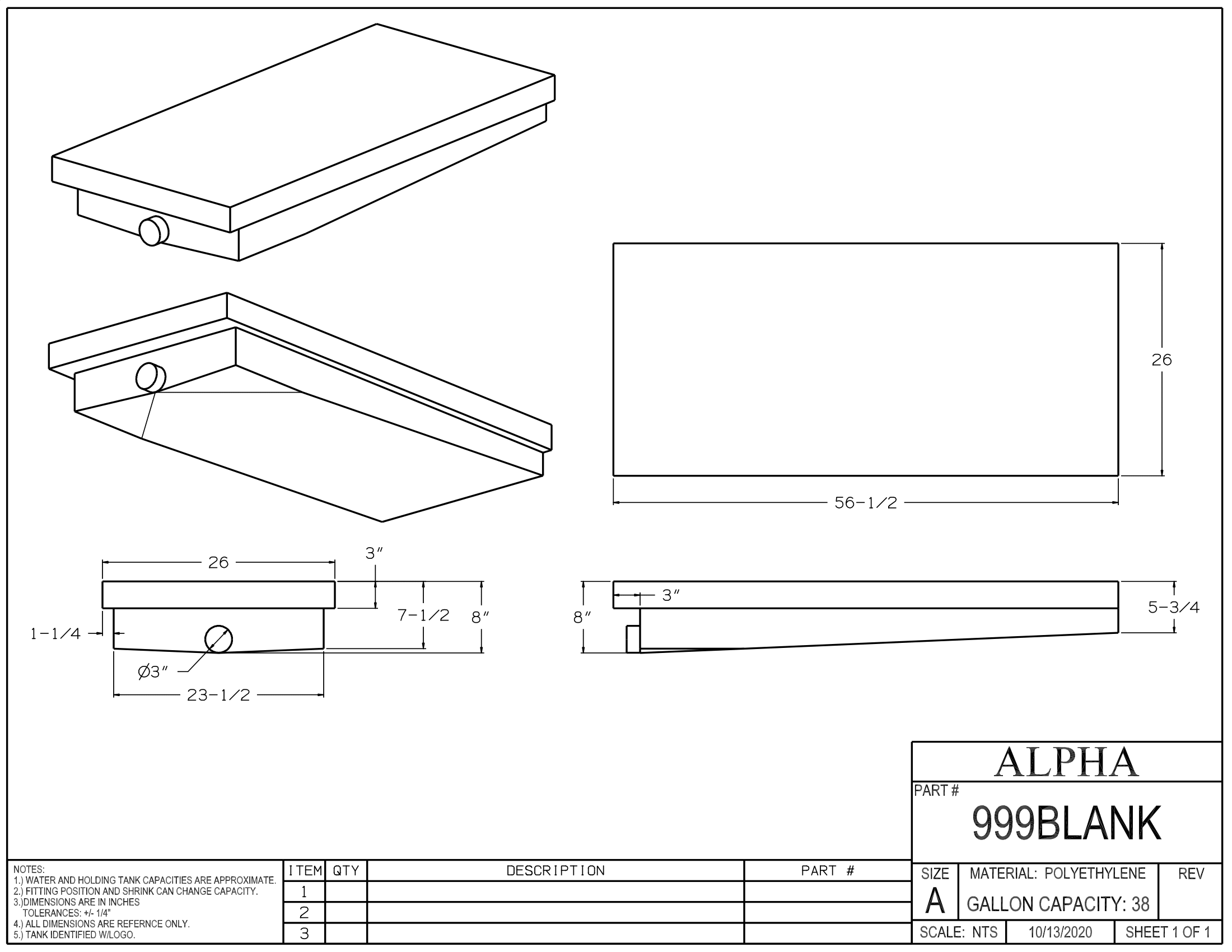 Alpha - 38 Gallons Holding Tank - 56 1/2" x 26" x 8" - 999BLANK