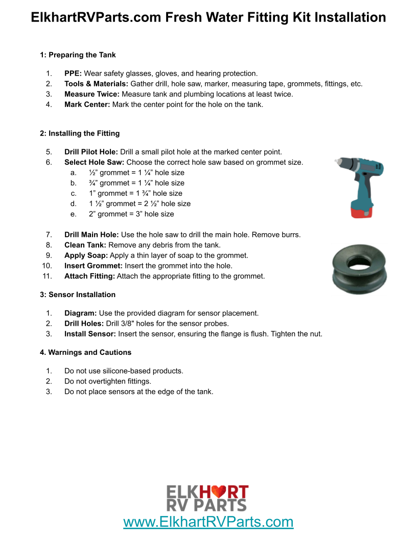 Elkhart RV Parts - Universal Fresh Water Tank Fittings Kit with Water Level Sensors for RV Tanks