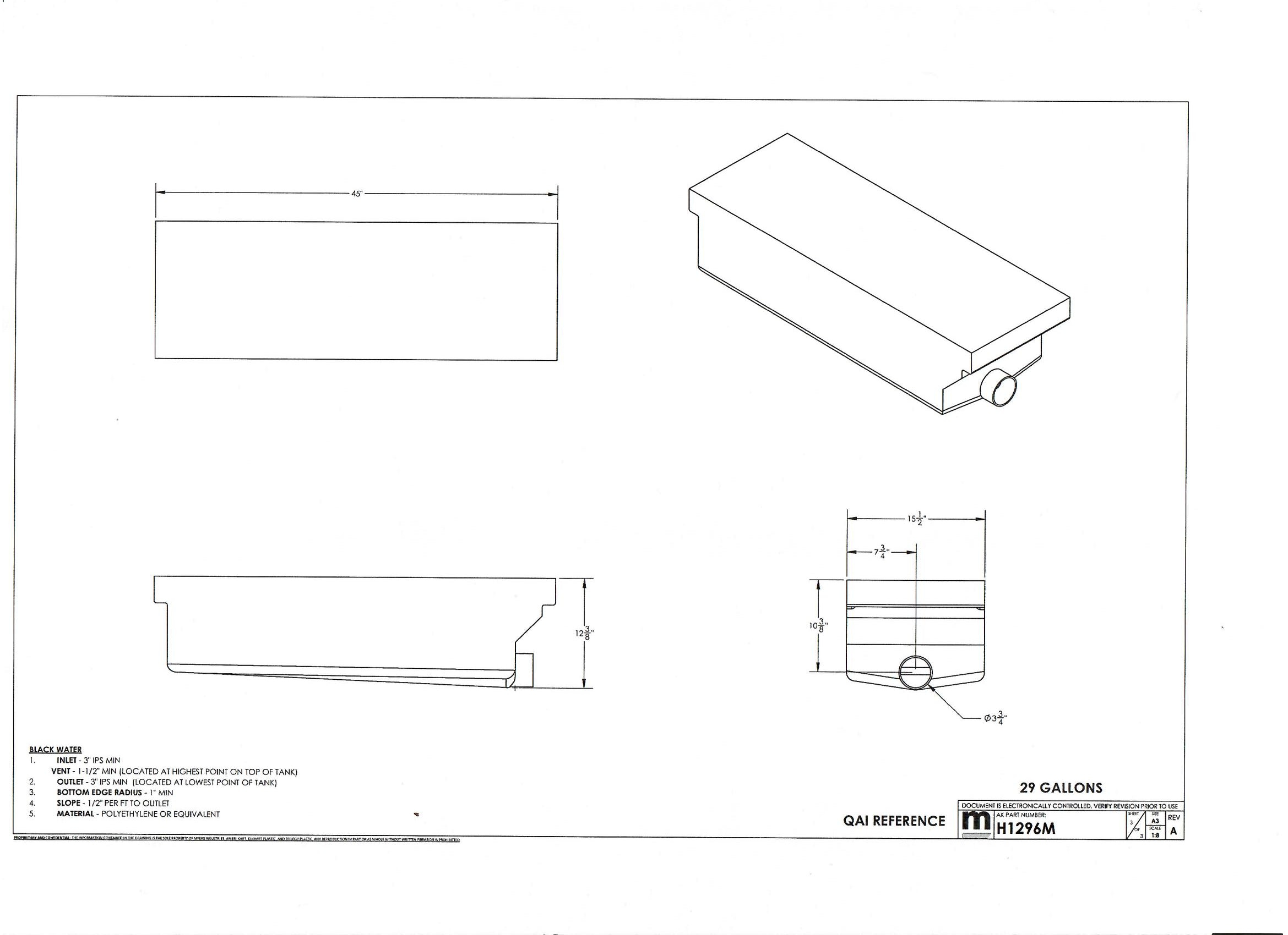 Elkhart Plastics - 29 Gallon RV Holding Tank 45x15.5x12.375 - H1296 Black Gray Water Tank