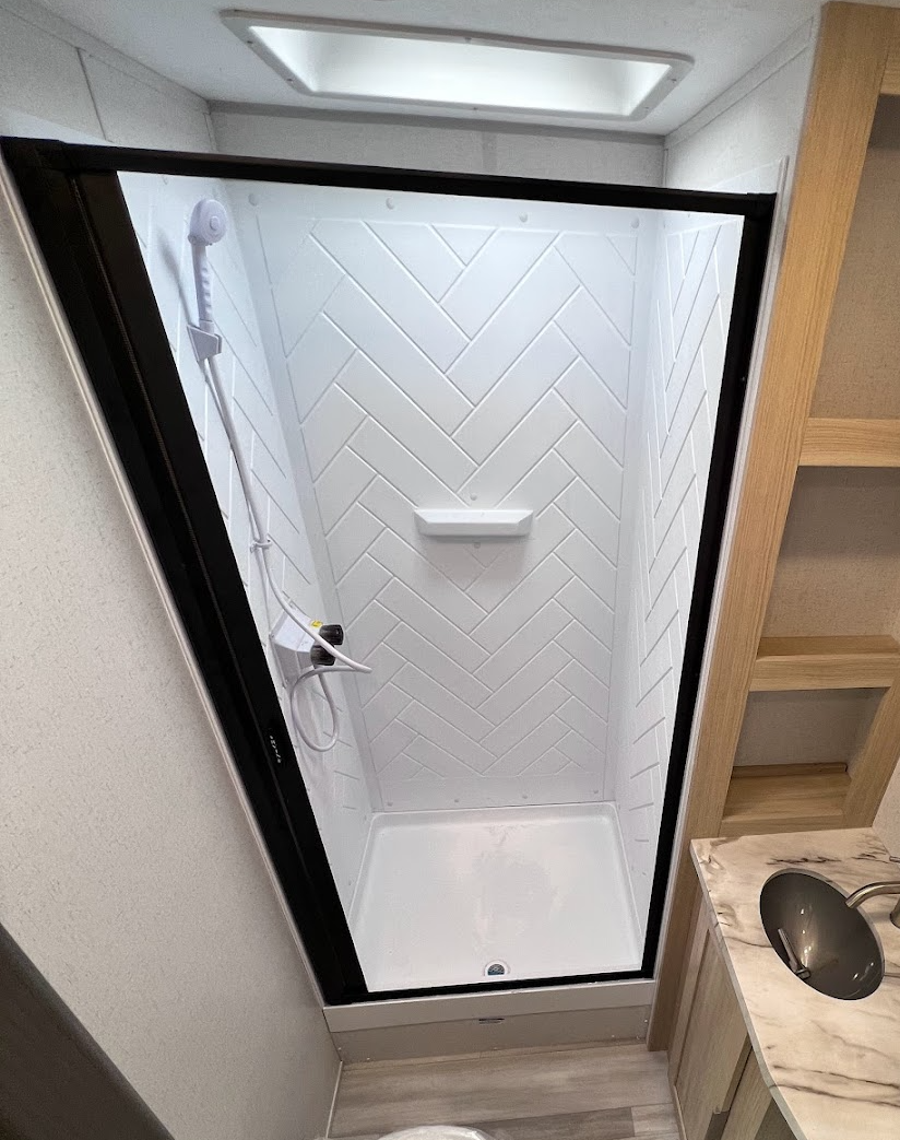 Irvine Shower Door in an RV in Black Color