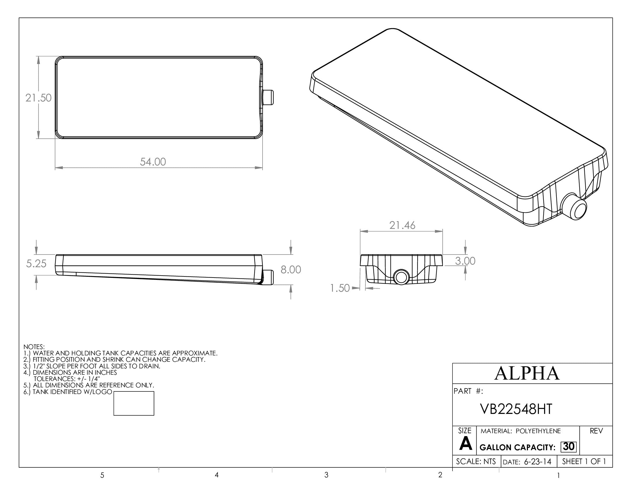 Alpha - 30 Gallons Black Holding Tank - 54" x 21 1/2" x 8" - VB22548H