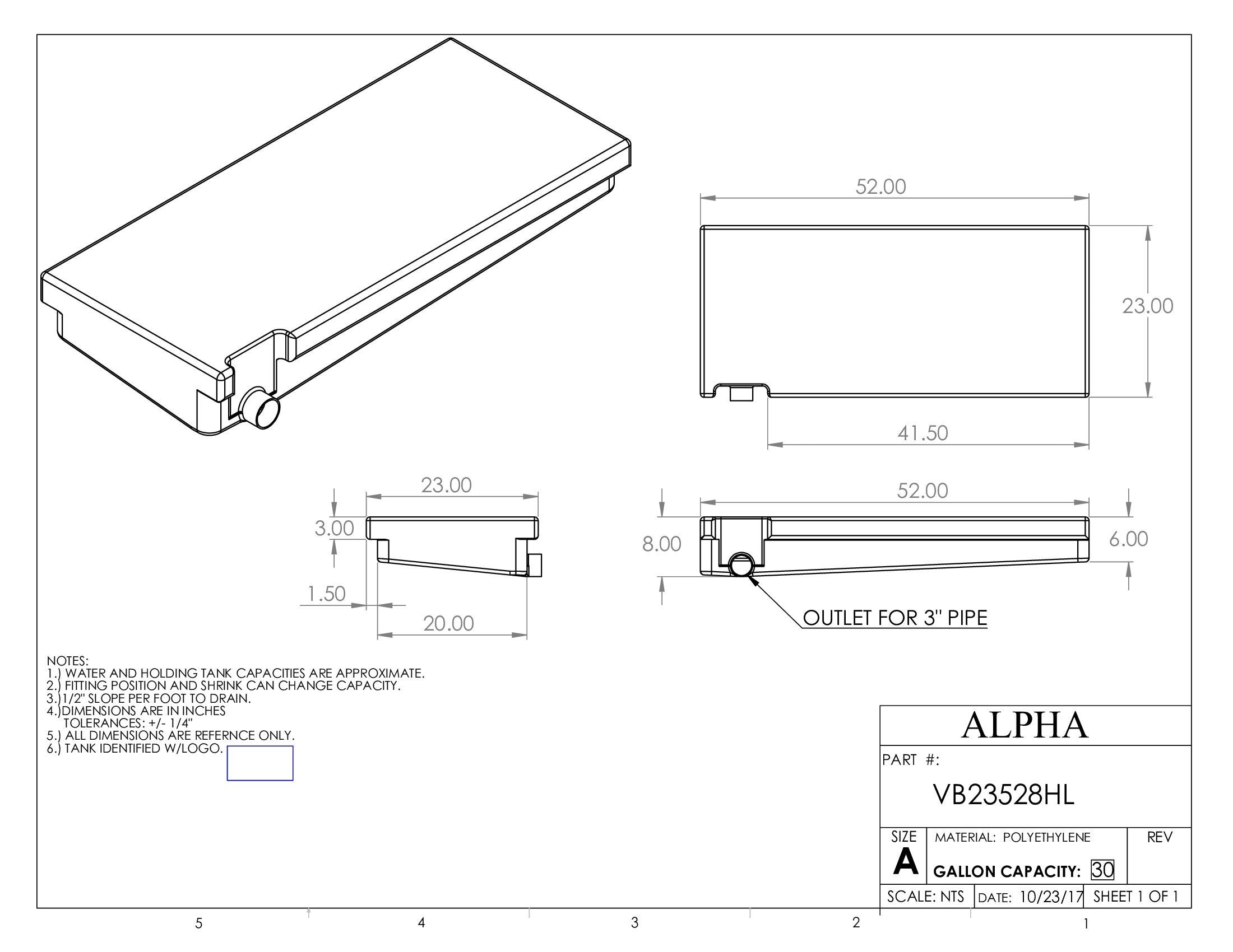 Alpha - 30 Gallons Black Holding Tank - 52" x 23" x 8" - VB23528HR