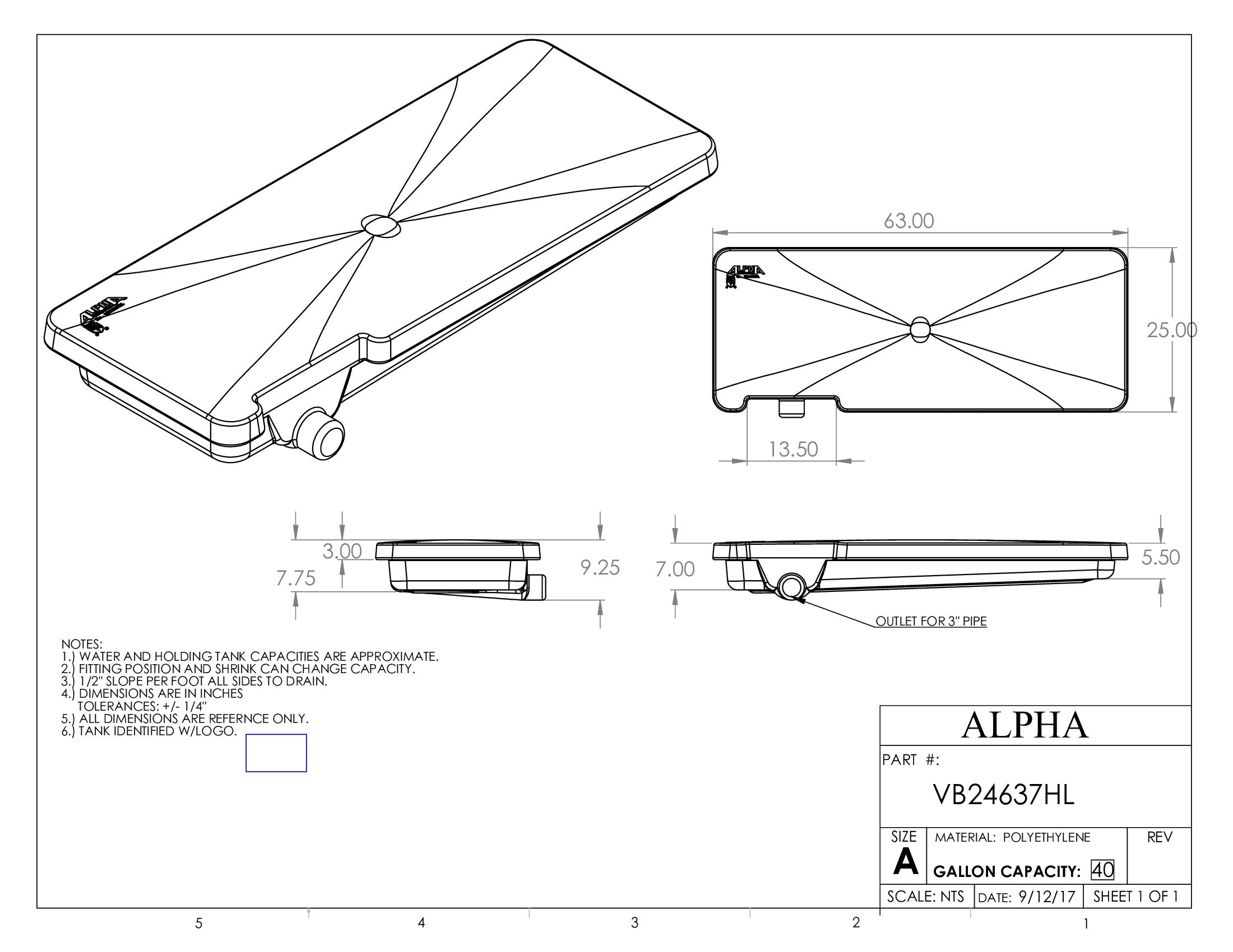 Alpha - 40 Gallons Black Holding Tank - 63" x 25" x 7" - VB24637HL
