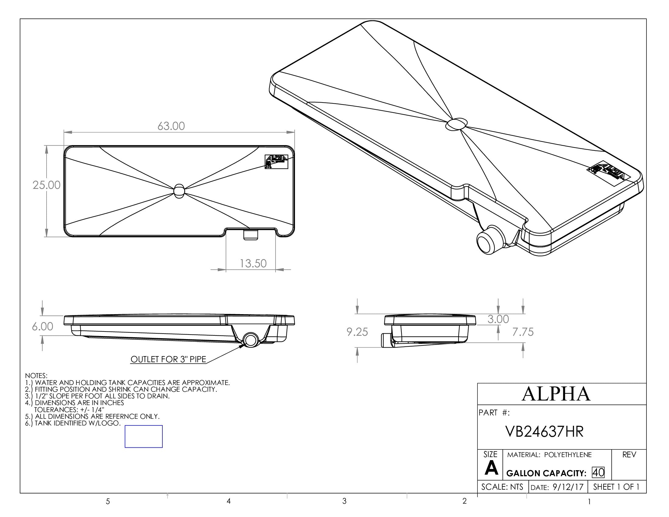 Alpha - 40 Gallons Black Holding Tank - 63" x 25" x 7" - VB24637HR