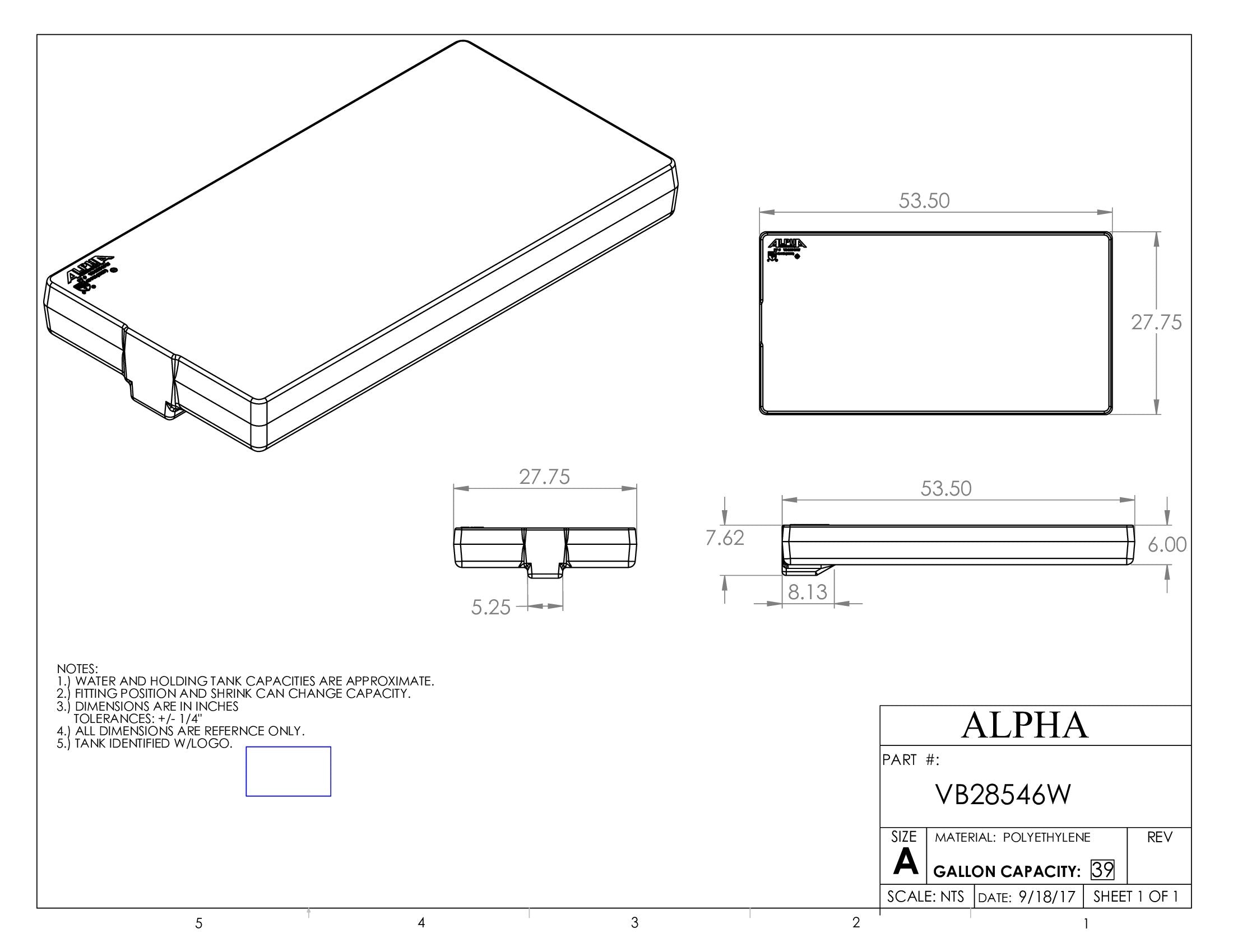 Alpha - 36 Gallons Fresh Water Tank - 53 1/2" x 27 3/4" x 7 5/8" * - VB28546W