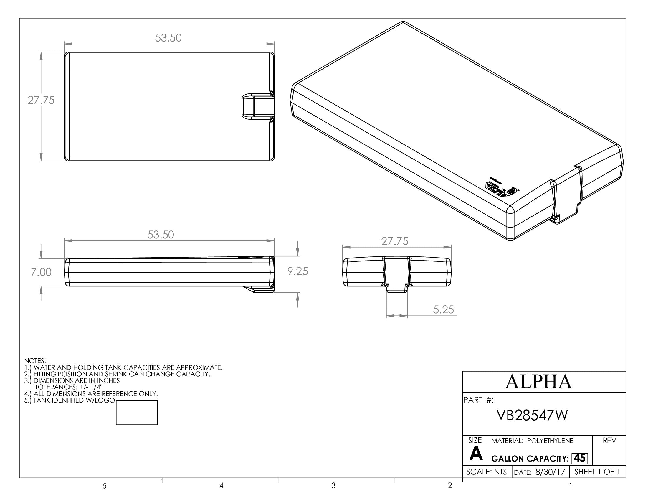 Alpha - 41 Gallons Fresh Water Tank - 53 1/2" x 27 3/4" x 8 5/8" * - VB28547W