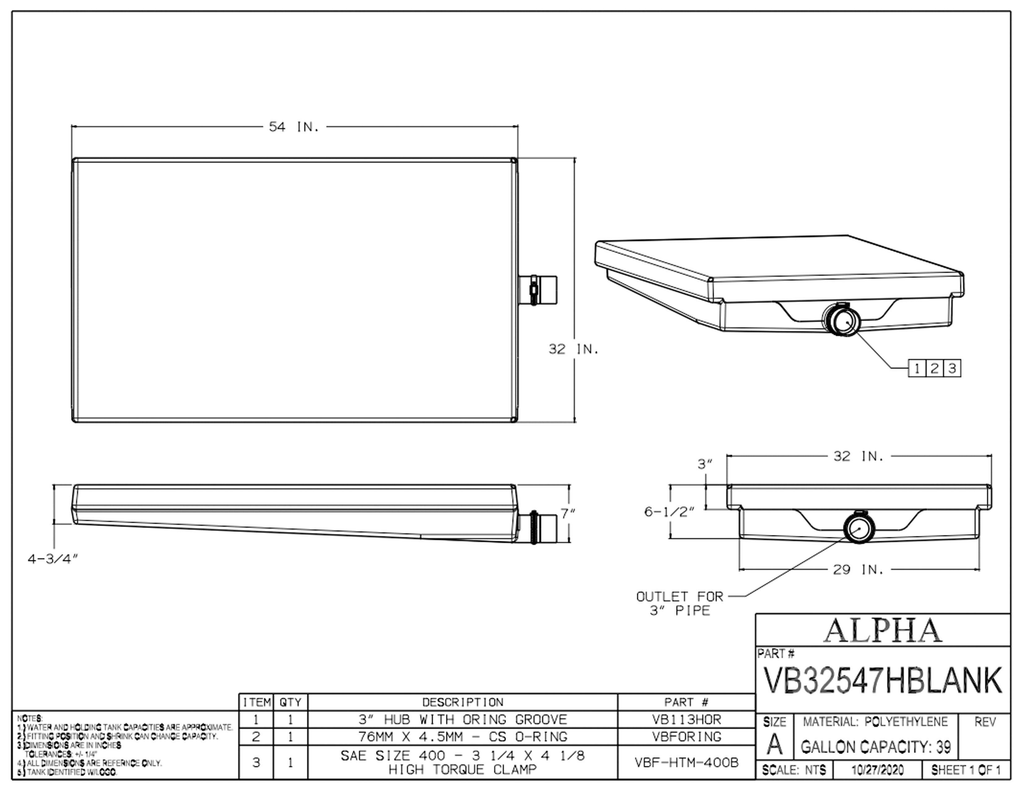 Alpha - 39 Gallons Black Holding Tank - 54" x 32" x 7" - VB32547HBLANK