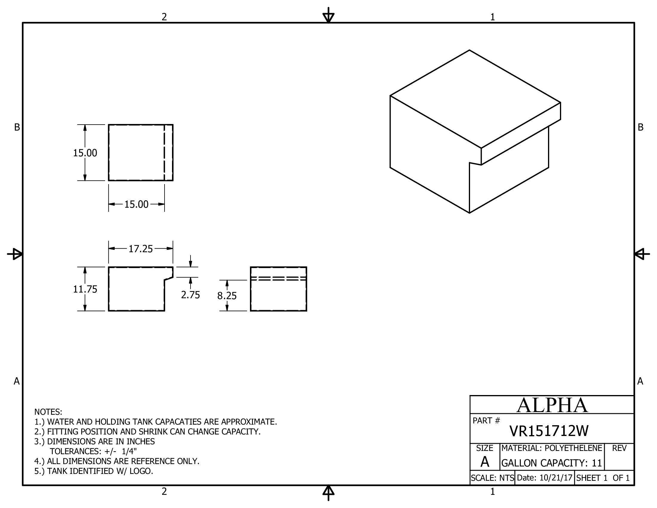 Alpha - 10 Gallons Fresh Water Tank - 17 1/4" x 12 1/4" x 12 1/4" - VR121712WBLANK