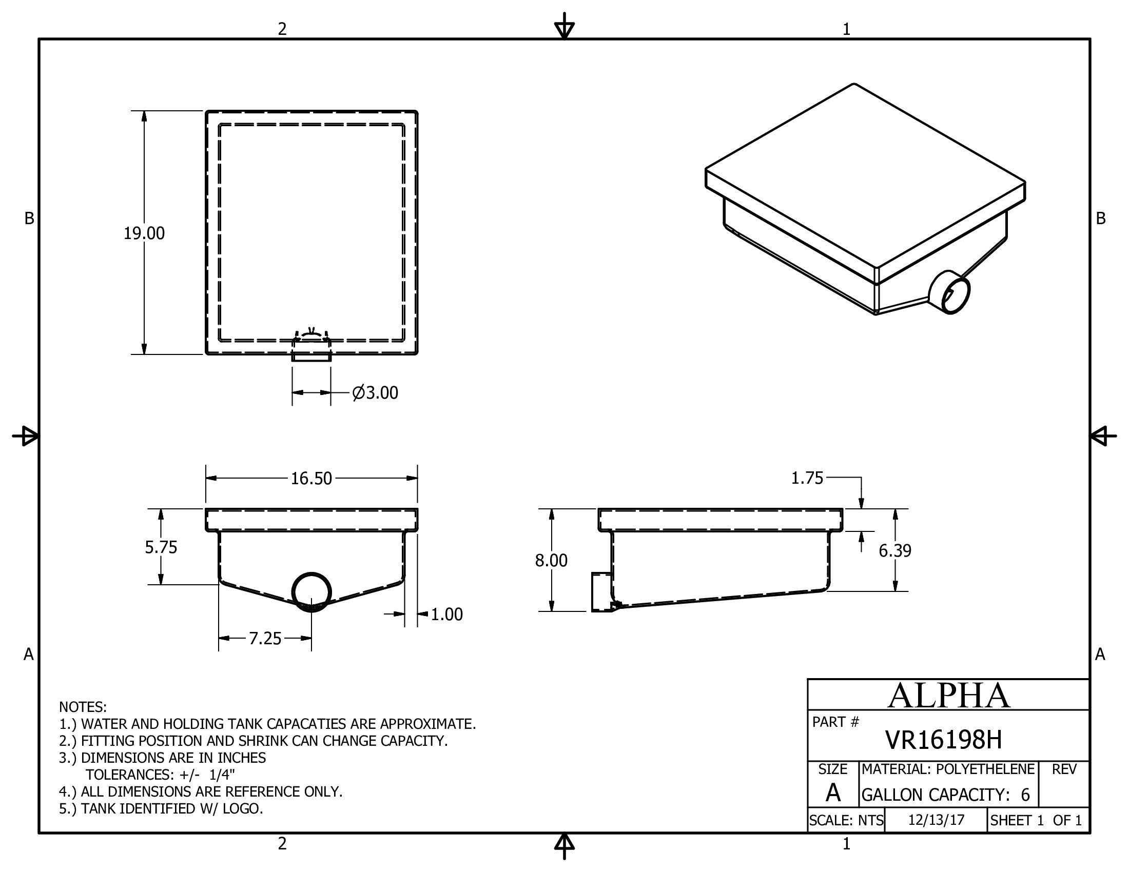 Alpha - 6 Gallons Holding Tank - 19" x 16 1/2" x 8" - VR16198H