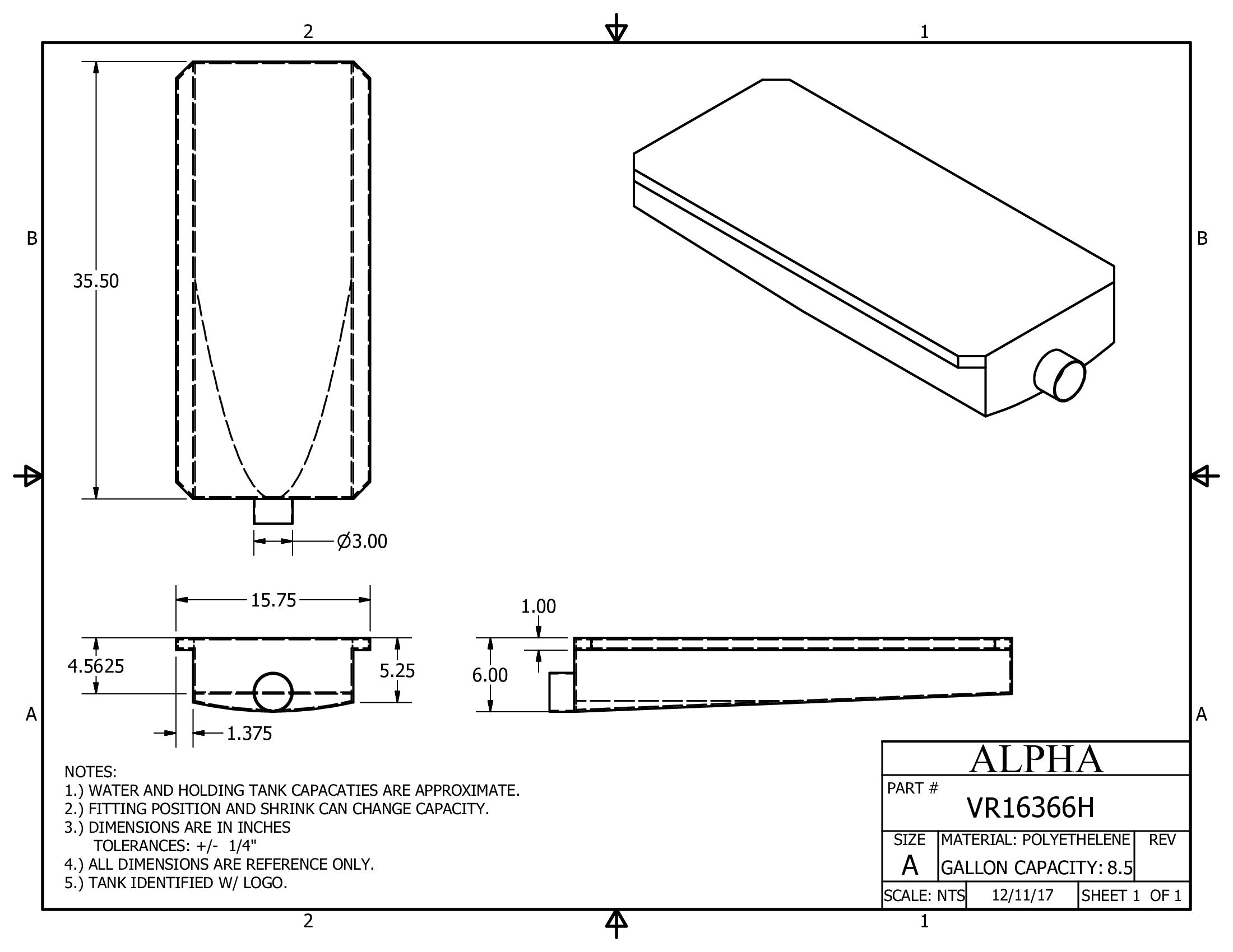 Alpha - 9.5 Gallons Holding Tank - 36" x 16" x 6" - VR16366HBLANK