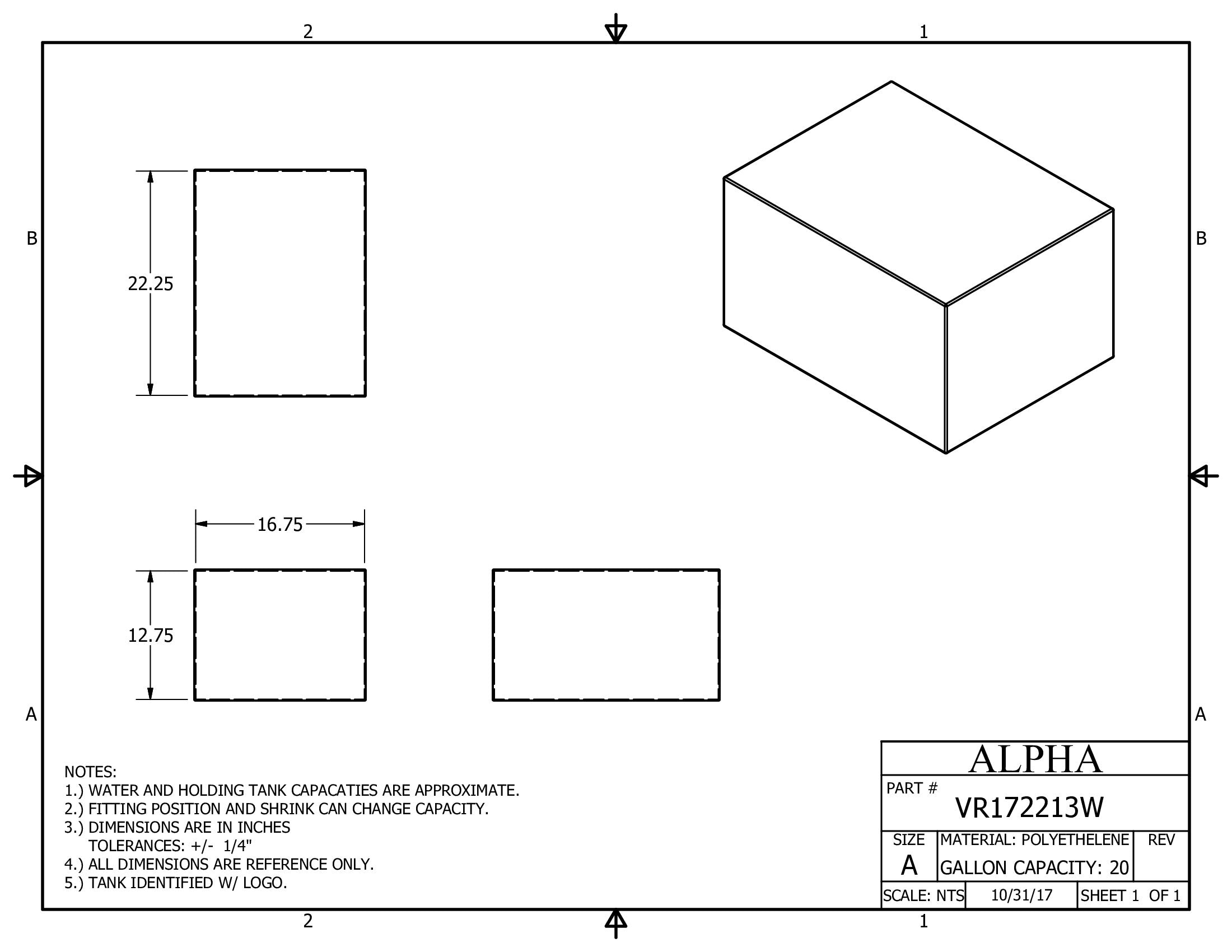 Alpha - 20 Gallons Fresh Water Tank - 22 1/2" x 17" x 13" - VR172213WBLANK