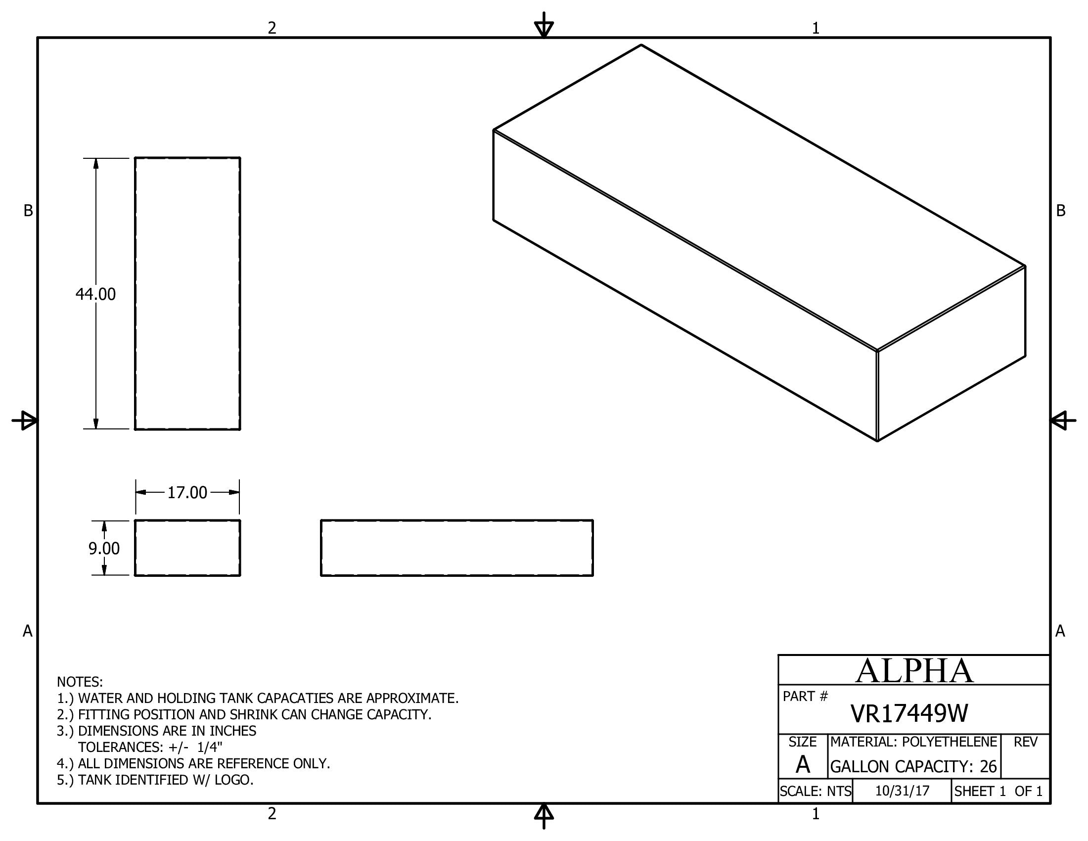Alpha - 26 Gallons Fresh Water Tank - 44" x 17" x 9" - VR17449WBLANK