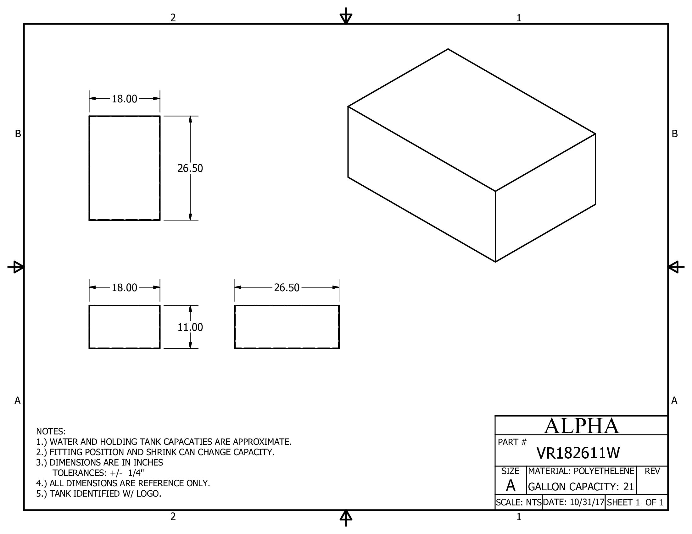 Alpha - 22 Gallons Fresh Water Tank - 26 1/2" x 18" x 11" - VR182611WBLANK
