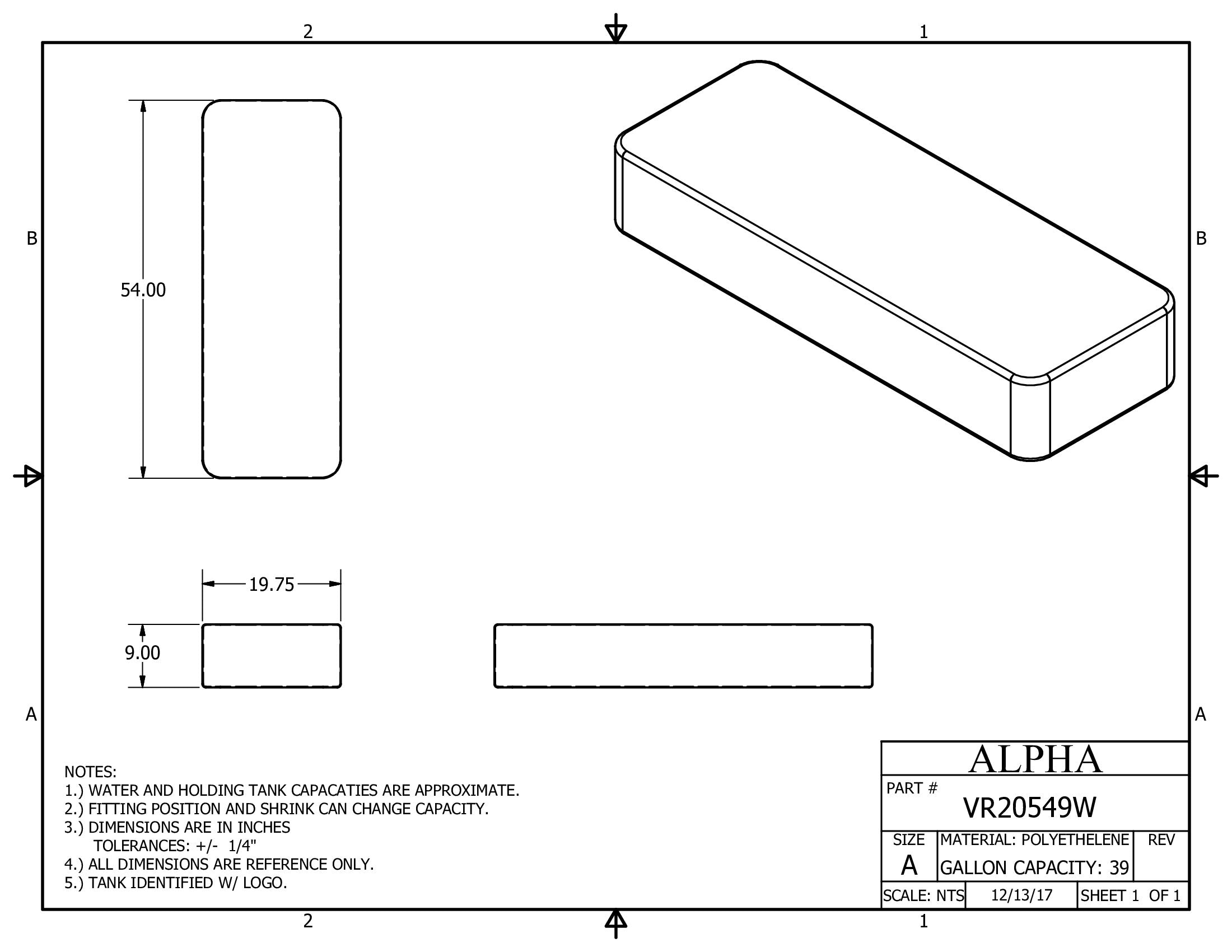 Alpha - 40 Gallons Fresh Water Tank - 54" x 19 3/4" x 9 - VR20549WBLANK